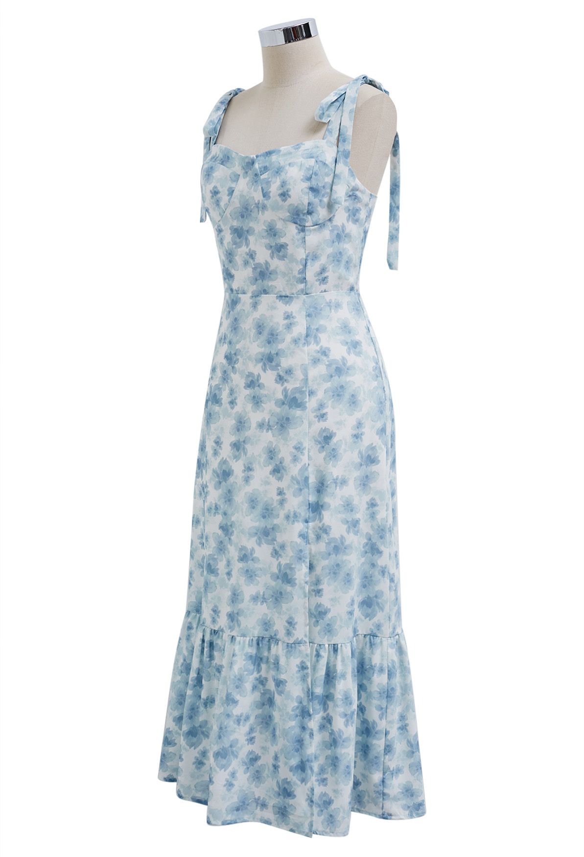 Vestido midi floral con abertura y lazo en los hombros en azul