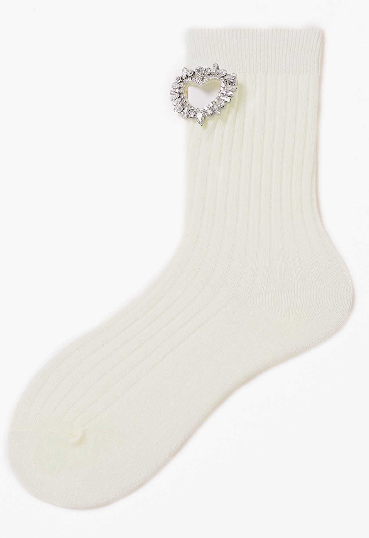Calcetines de algodón con corazón ahuecado y diamantes de imitación en blanco