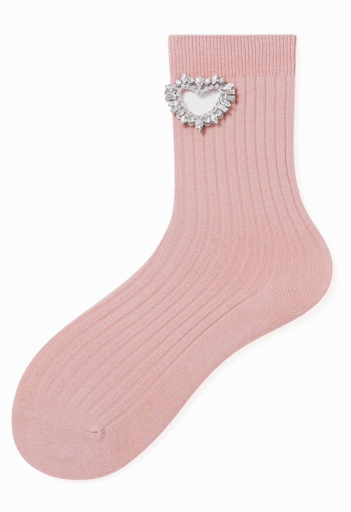 Calcetines de algodón con forma de corazón ahuecado con diamantes de imitación en rosa