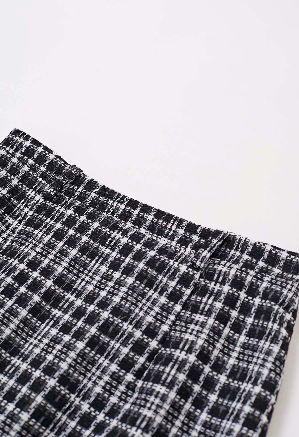 Falda de tweed a cuadros con dobladillo con flecos en negro