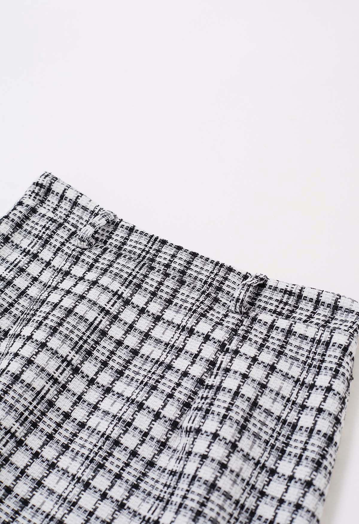 Falda de tweed a cuadros con dobladillo con flecos en blanco