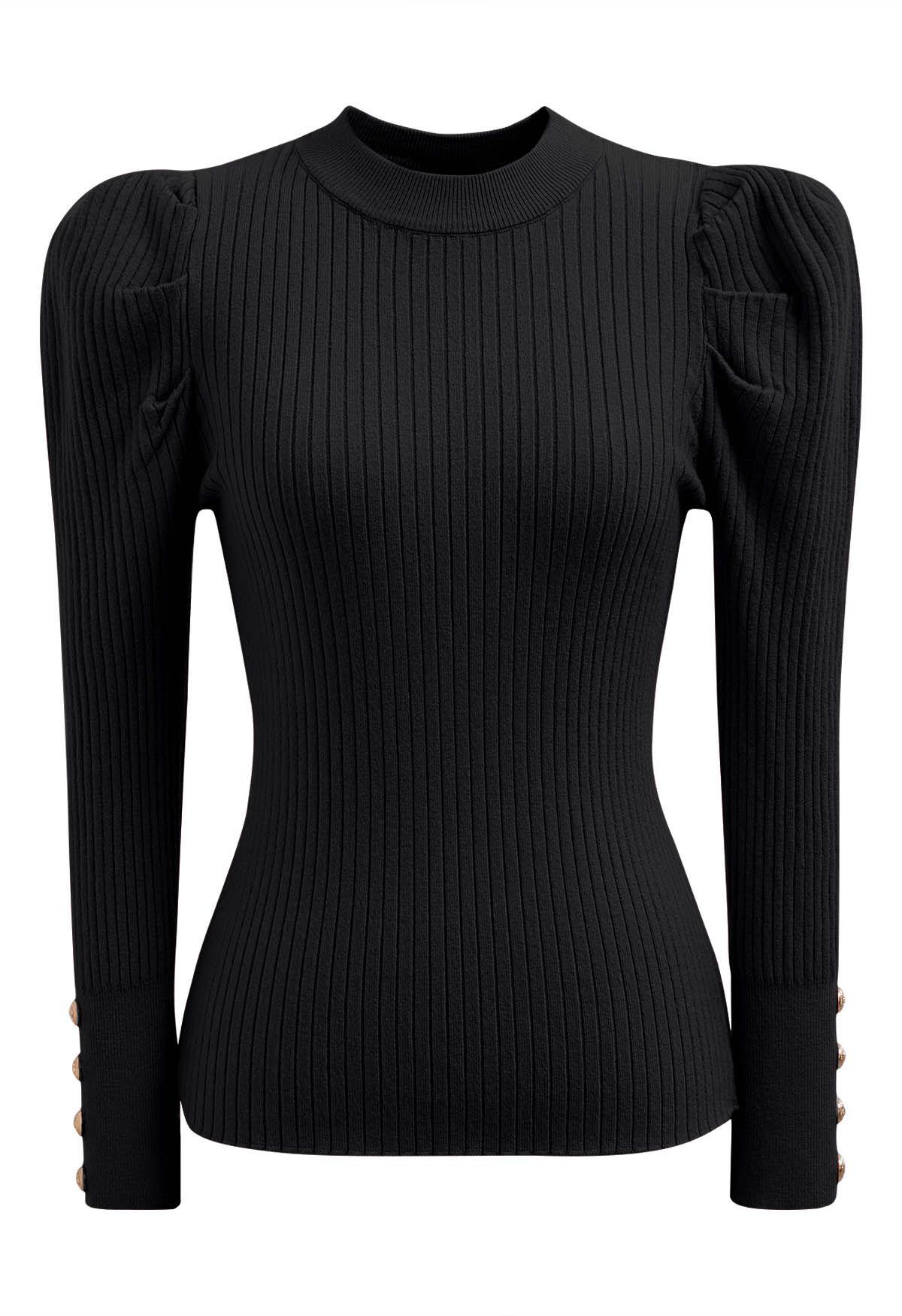 Top moderno de punto acanalado con mangas Gigot en negro