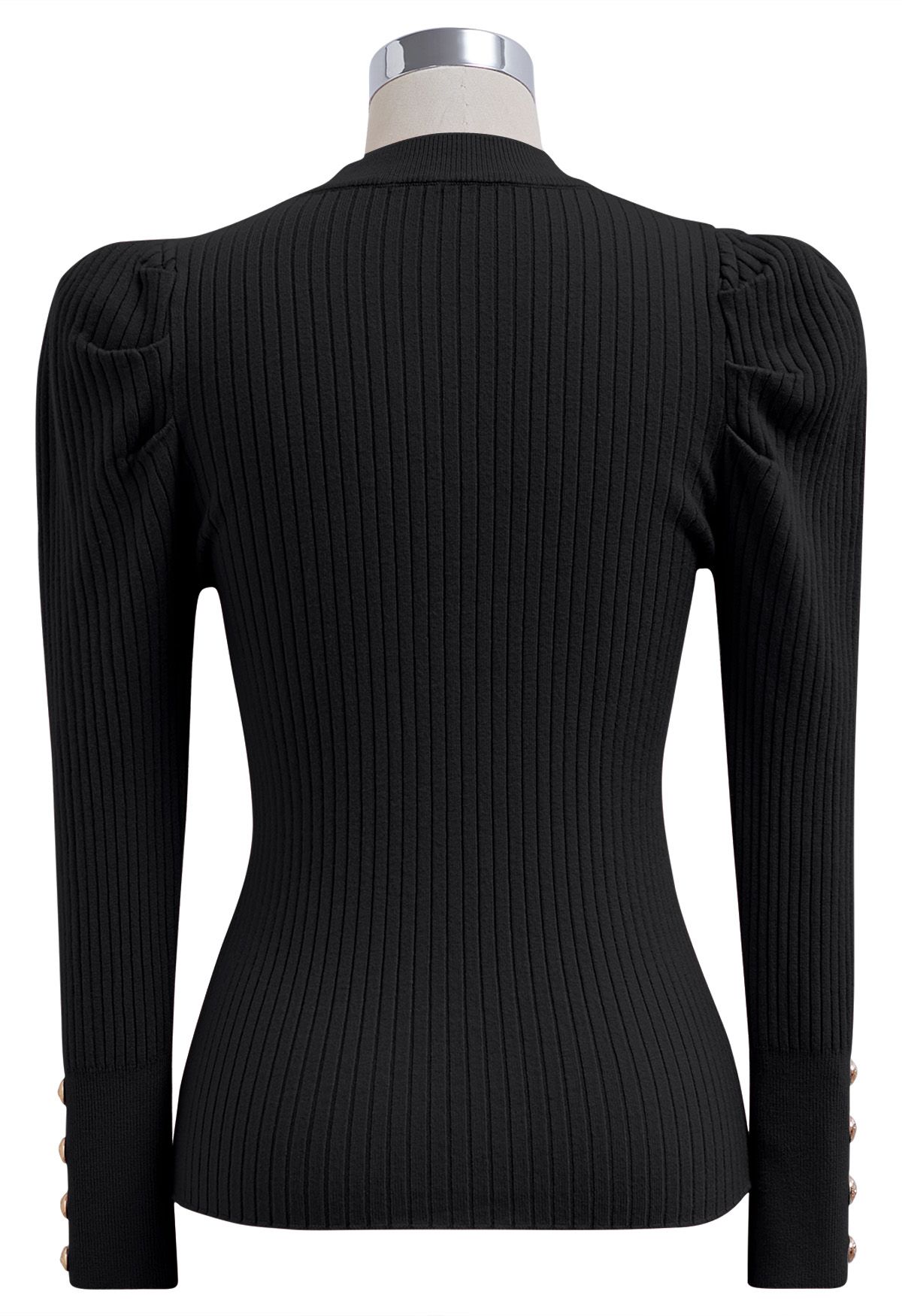 Top moderno de punto acanalado con mangas Gigot en negro