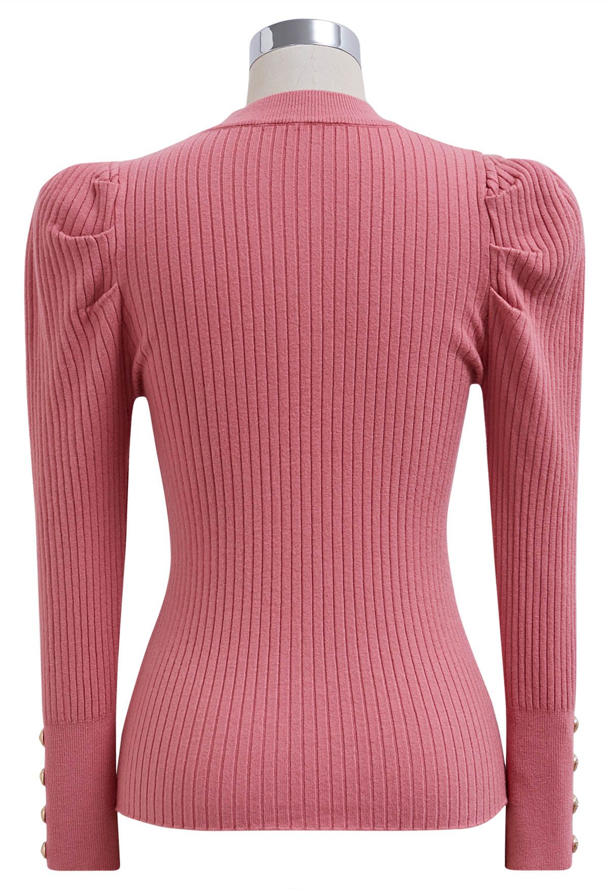 Top de punto acanalado con mangas Gigot modernas en rosa