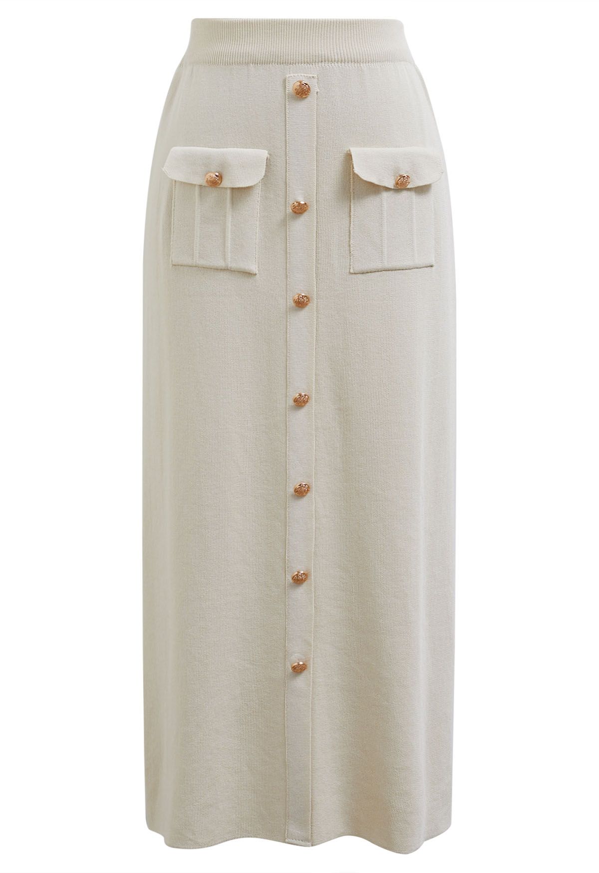 Conjunto de falda midi y top de punto con adornos de botones destacados en marfil