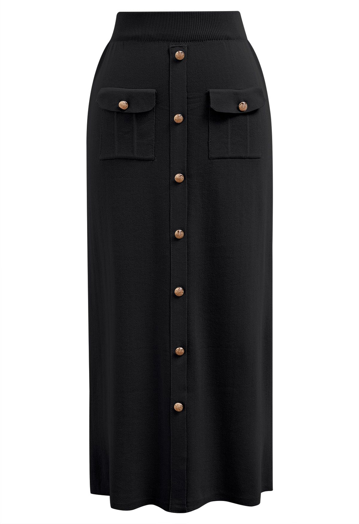 Conjunto de falda midi y top de punto con adornos de botones destacados en negro