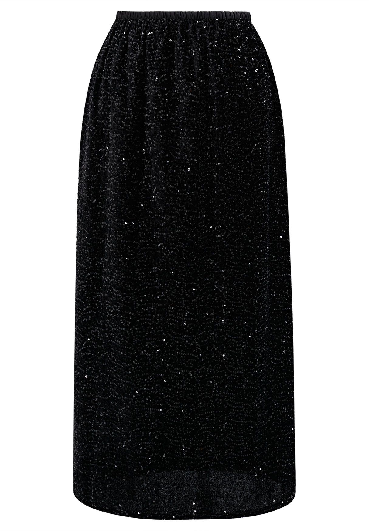 Falda lápiz de terciopelo adornada con lentejuelas en negro