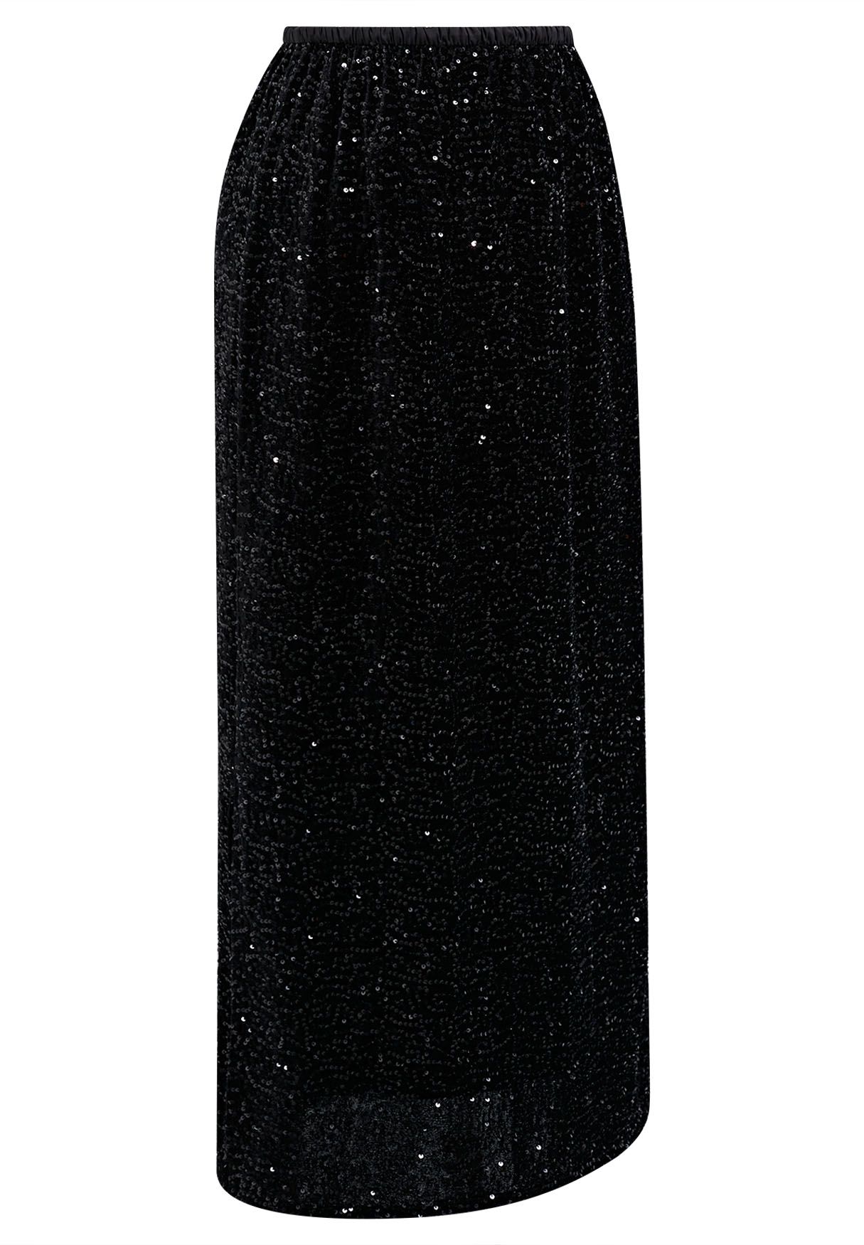 Falda lápiz de terciopelo adornada con lentejuelas en negro