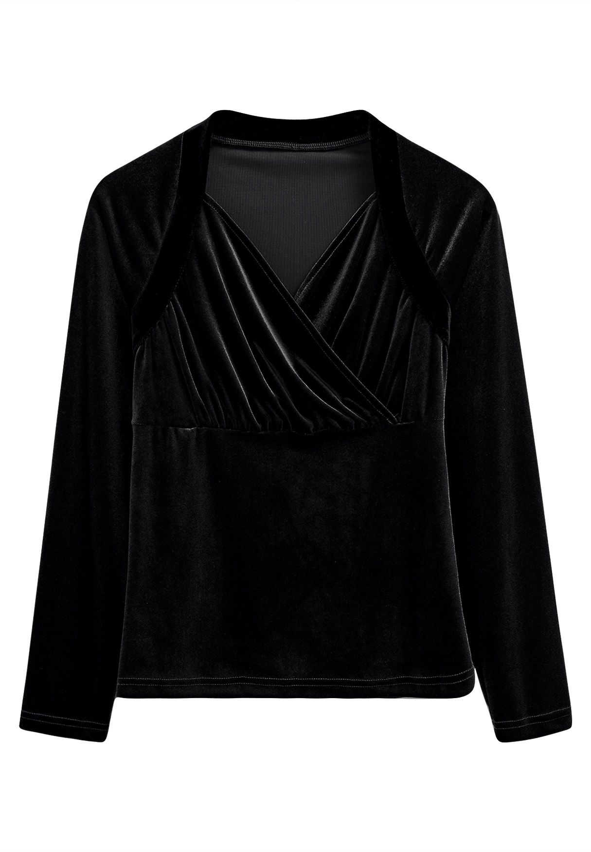 Top de terciopelo suave con cuello sobrepelliz en negro