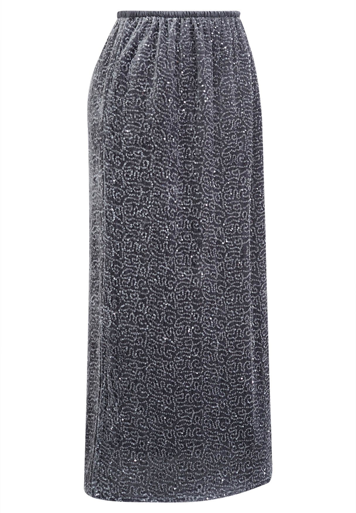 Falda lápiz de terciopelo adornada con lentejuelas en gris