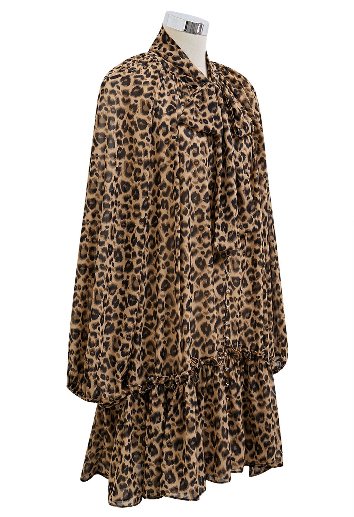 Vestido mini de gasa con escote anudado y estampado de leopardo