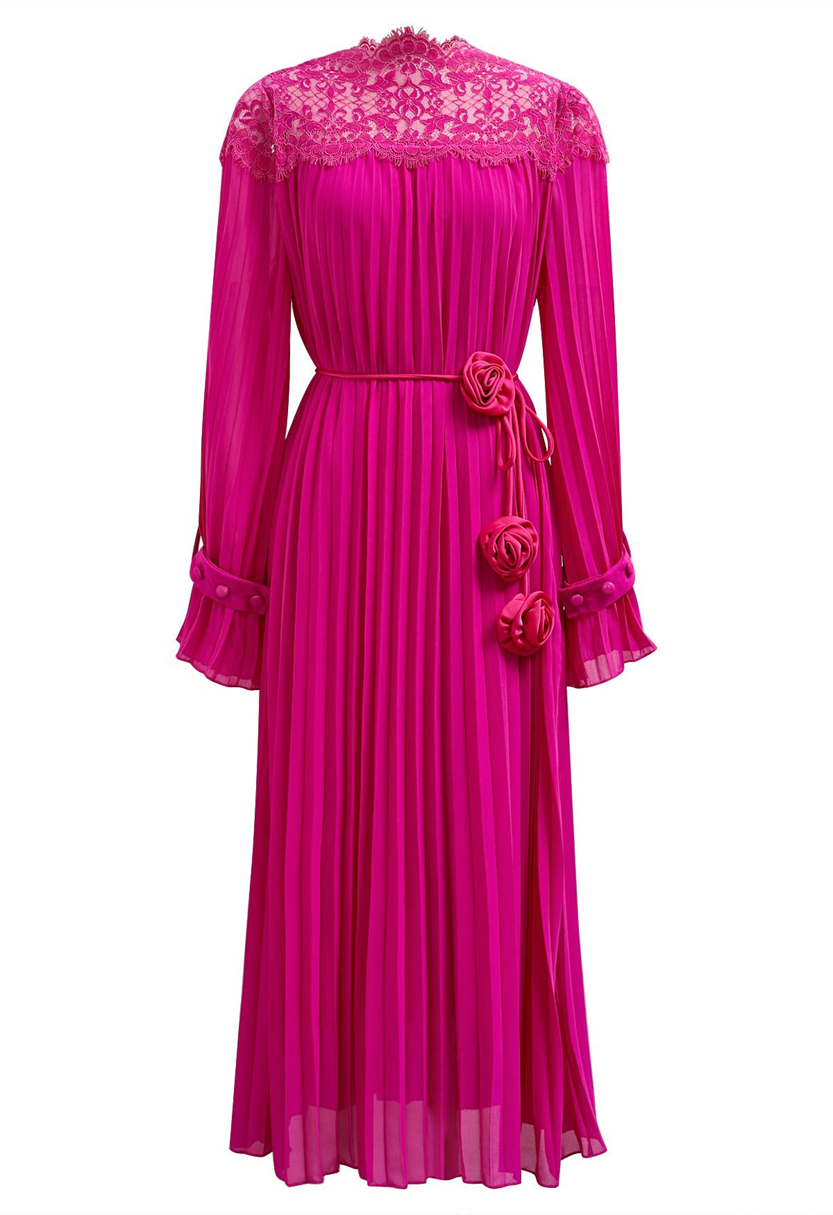 Vestido midi plisado con encaje de hilo rosa empalmado en rosa intenso