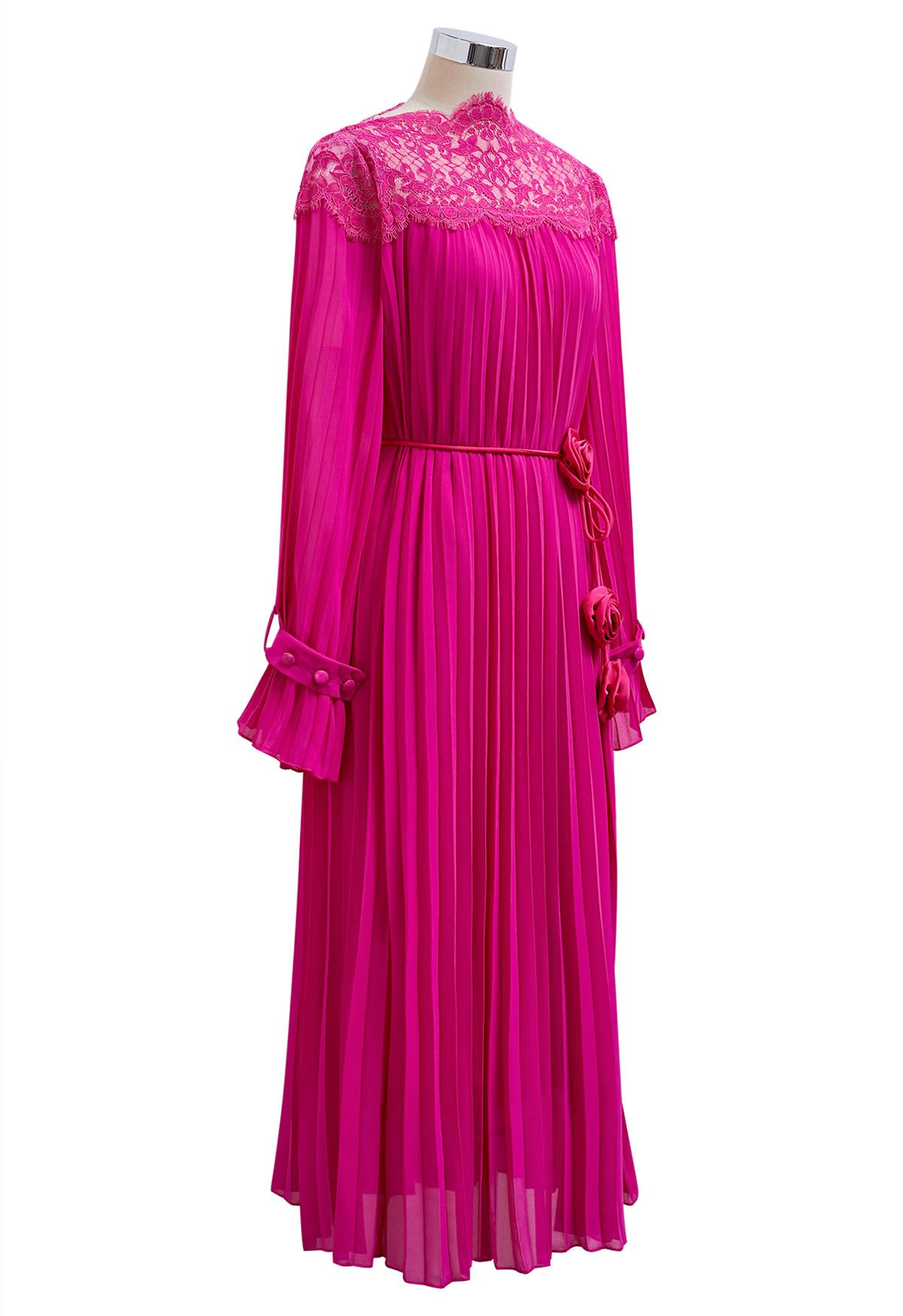 Vestido midi plisado con encaje de hilo rosa empalmado en rosa intenso