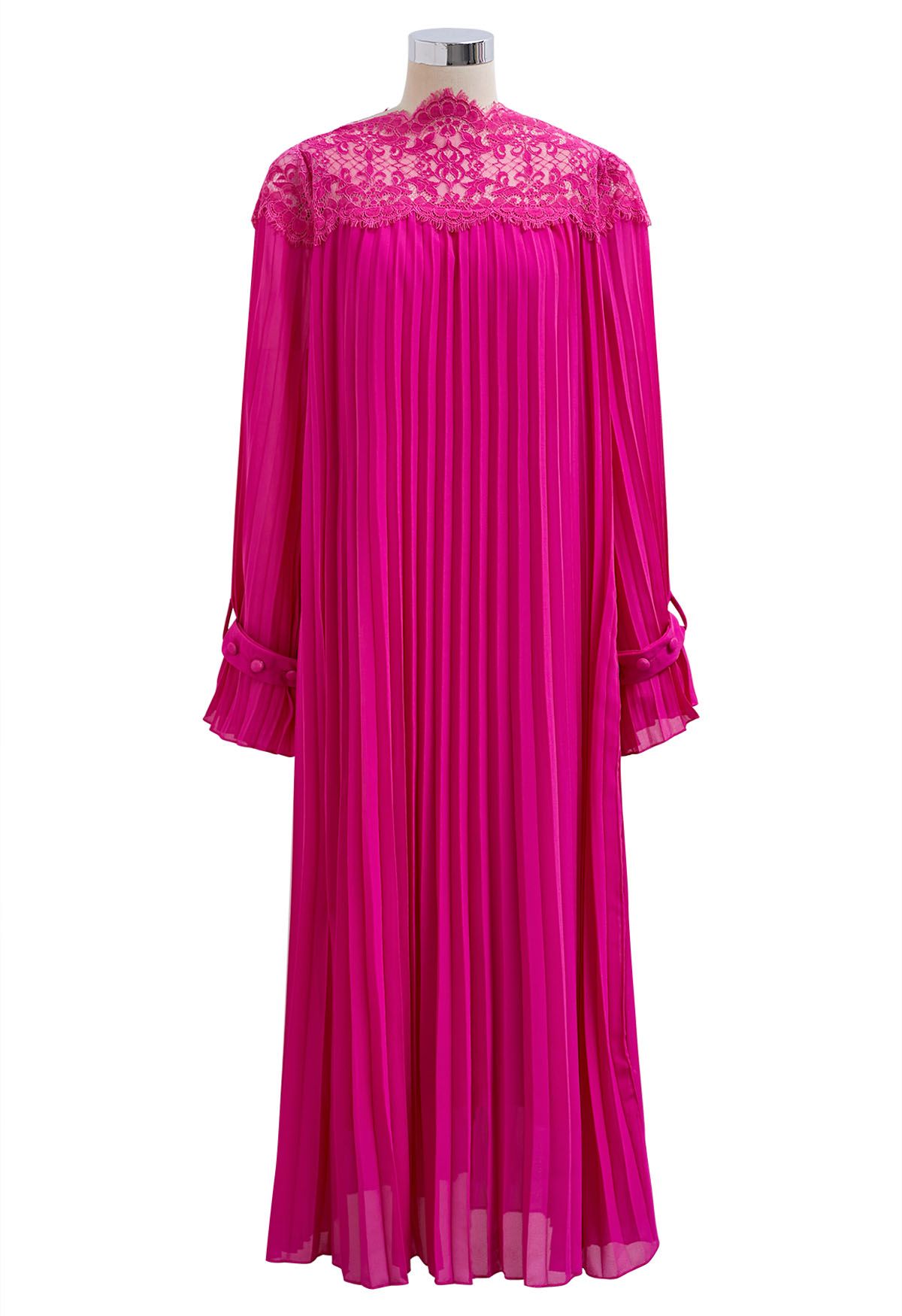 Vestido midi plisado con encaje de hilo rosa empalmado en rosa intenso