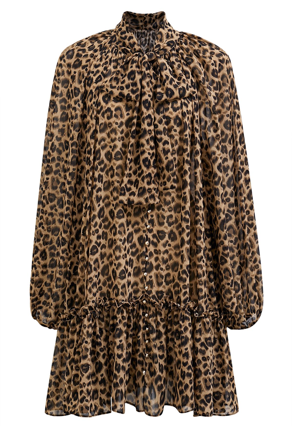 Vestido mini de gasa con escote anudado y estampado de leopardo