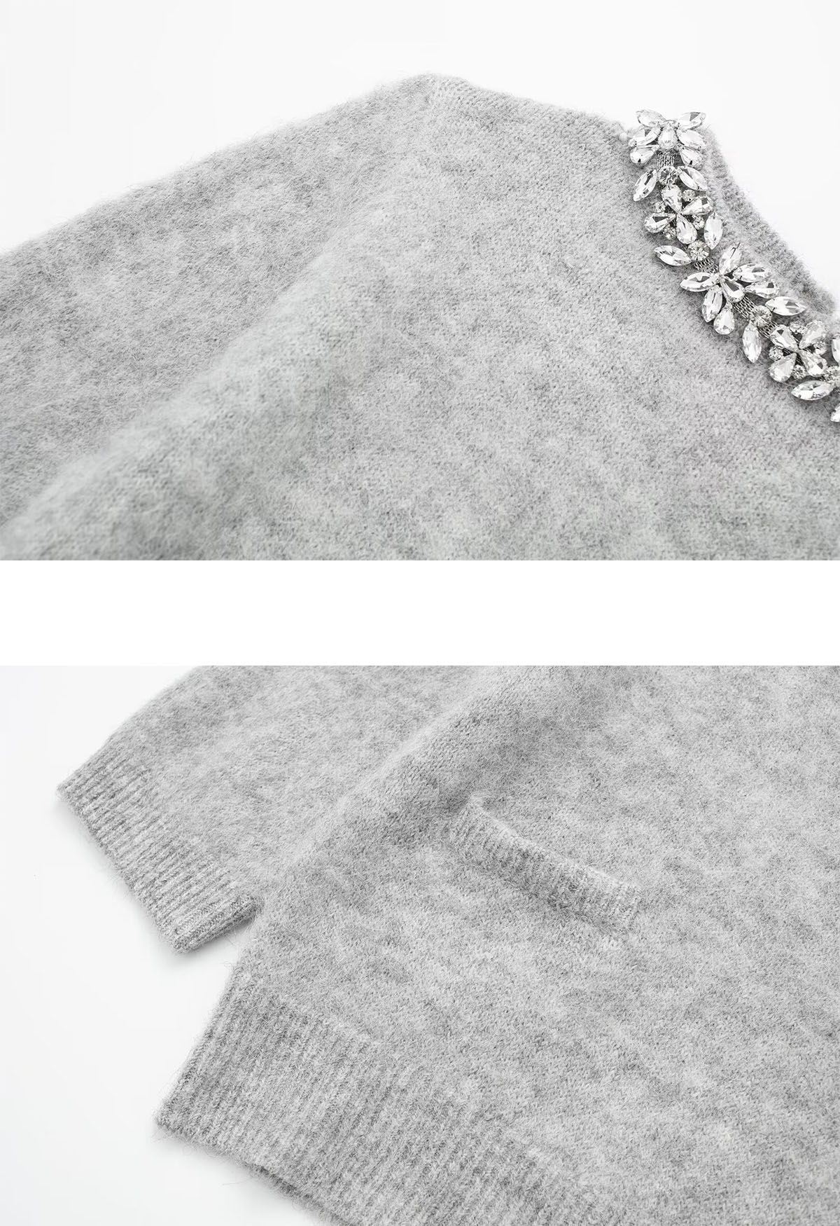 Suéter de punto con bolsillo delantero y escote de diamantes de imitación