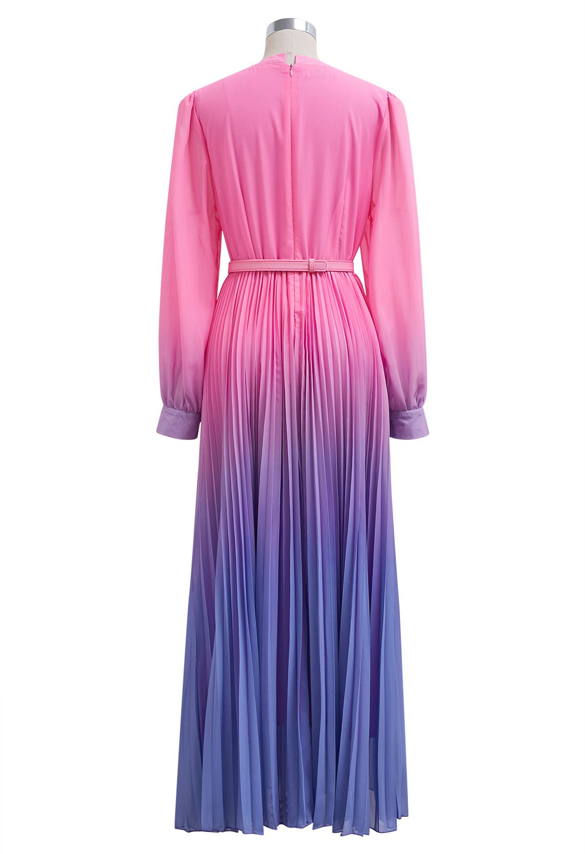 Pink-Purple Ombre Pleated Belt Chiffon Maxi Dress