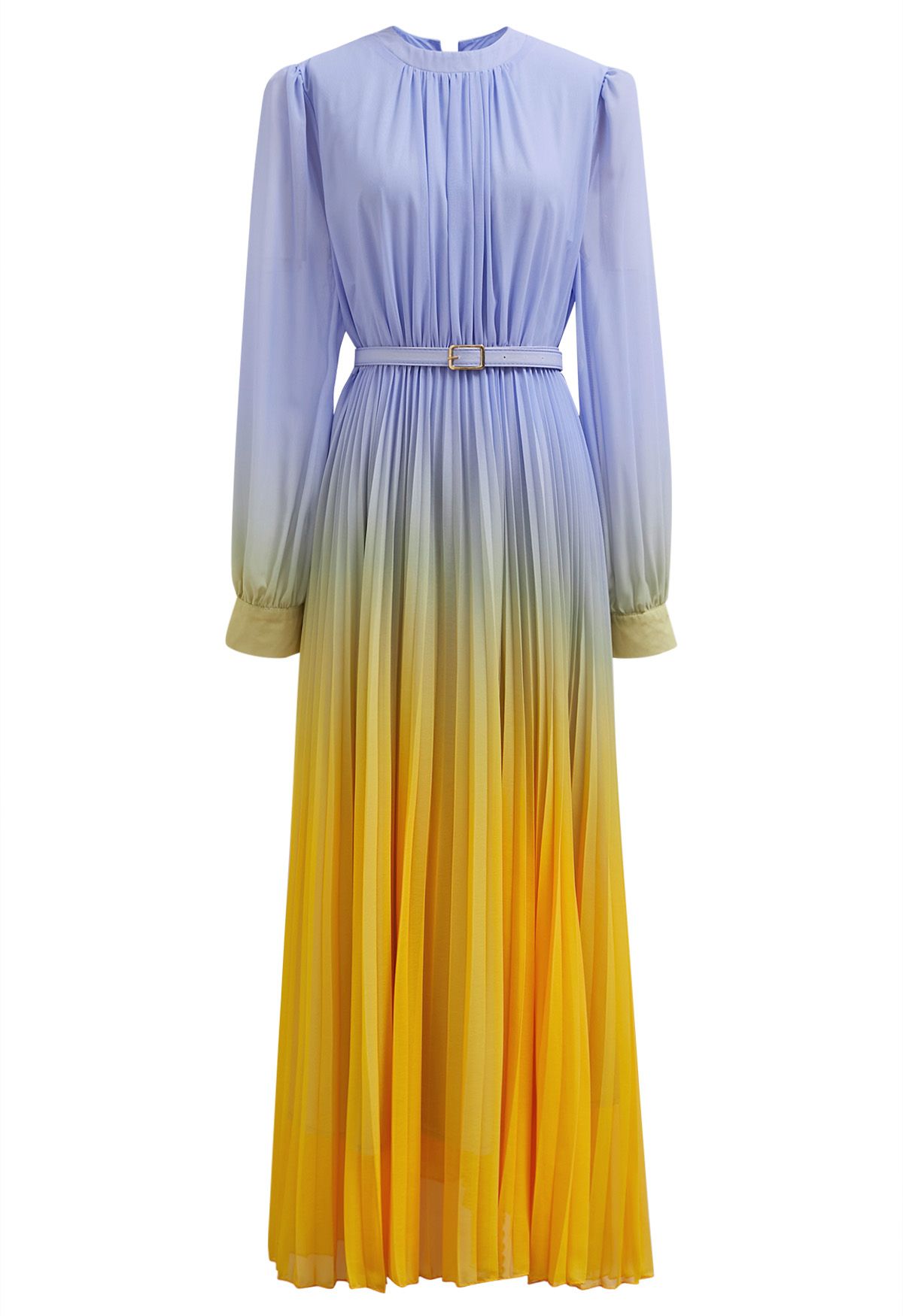 Blue-Yellow Ombre Pleated Belt Chiffon Maxi Dress