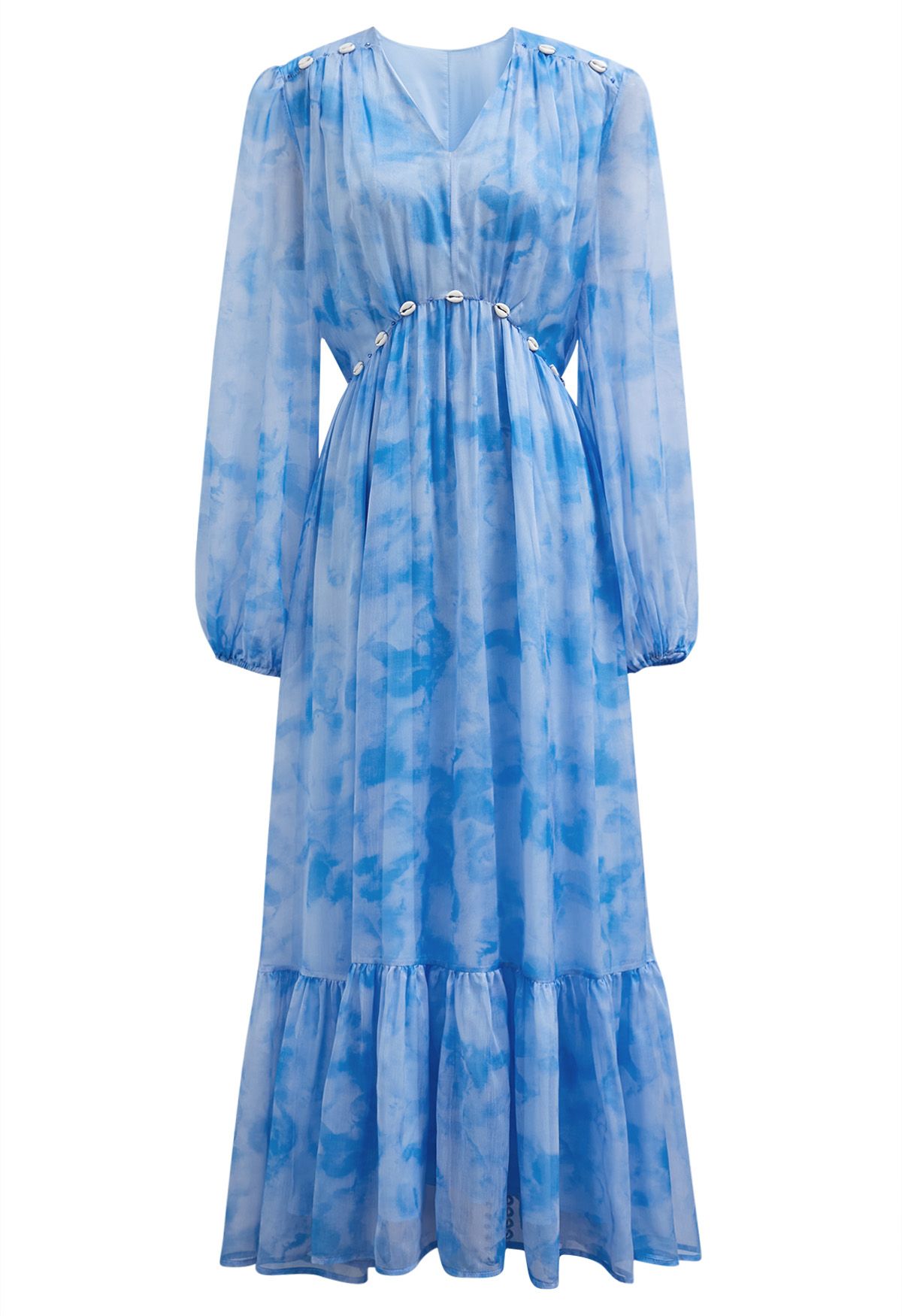 Seashell Beaded Tie-Waist Chiffon Maxi Dress in Blue