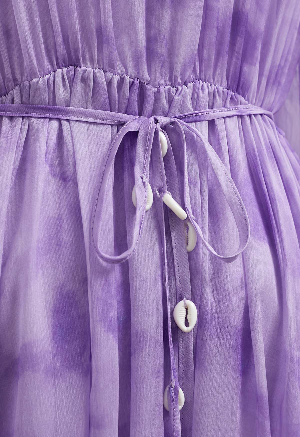 Seashell Beaded Tie-Waist Chiffon Maxi Dress in Lilac