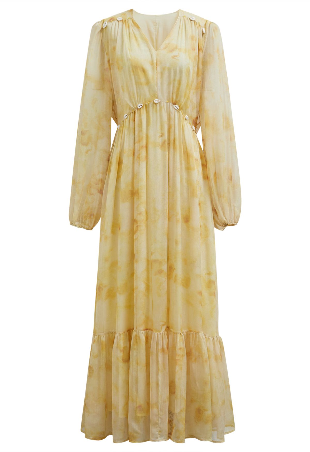 Seashell Beaded Tie-Waist Chiffon Maxi Dress in Yellow