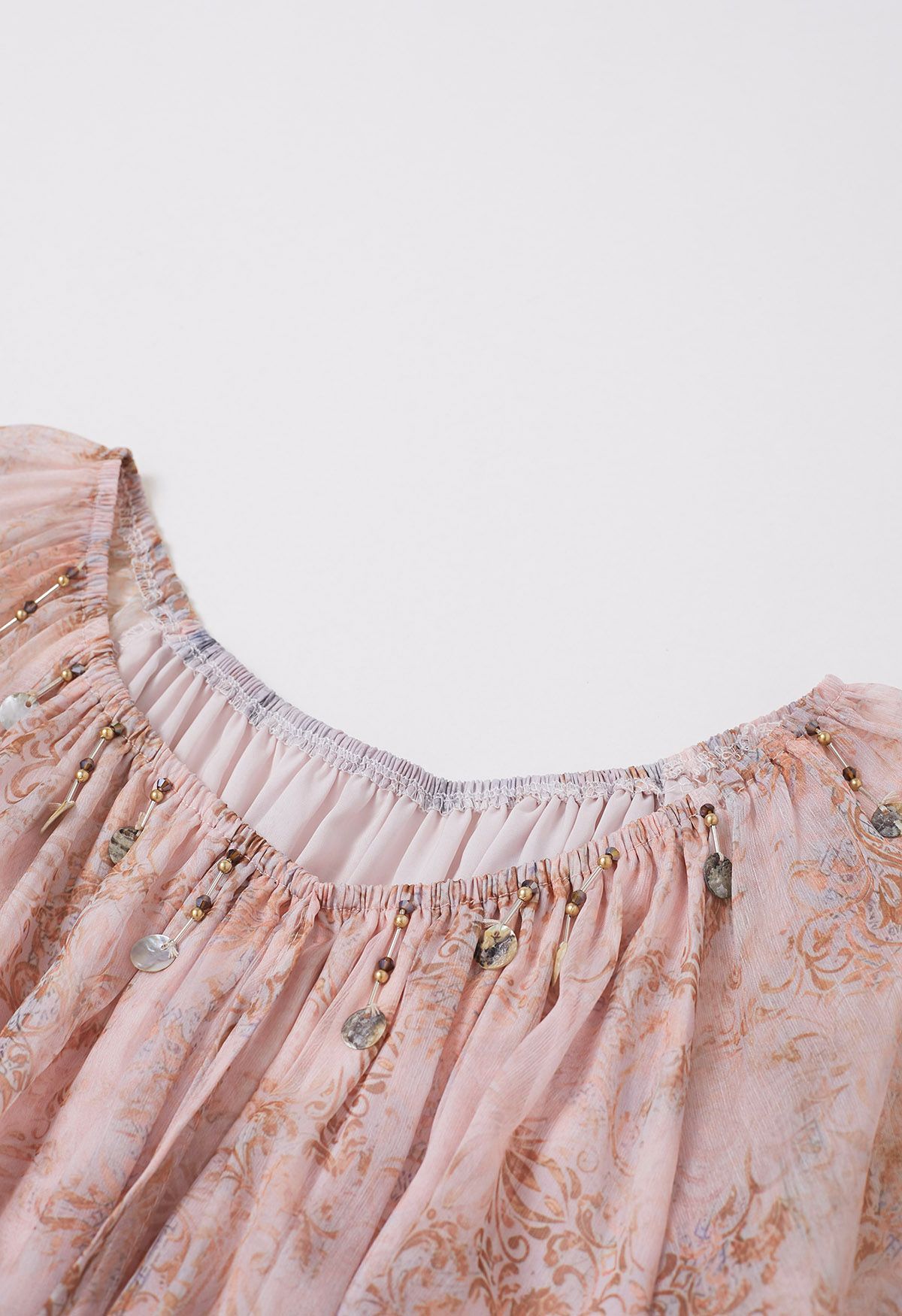 Vintage Baroque Off-Shoulder Chiffon Maxi Dress in Peach