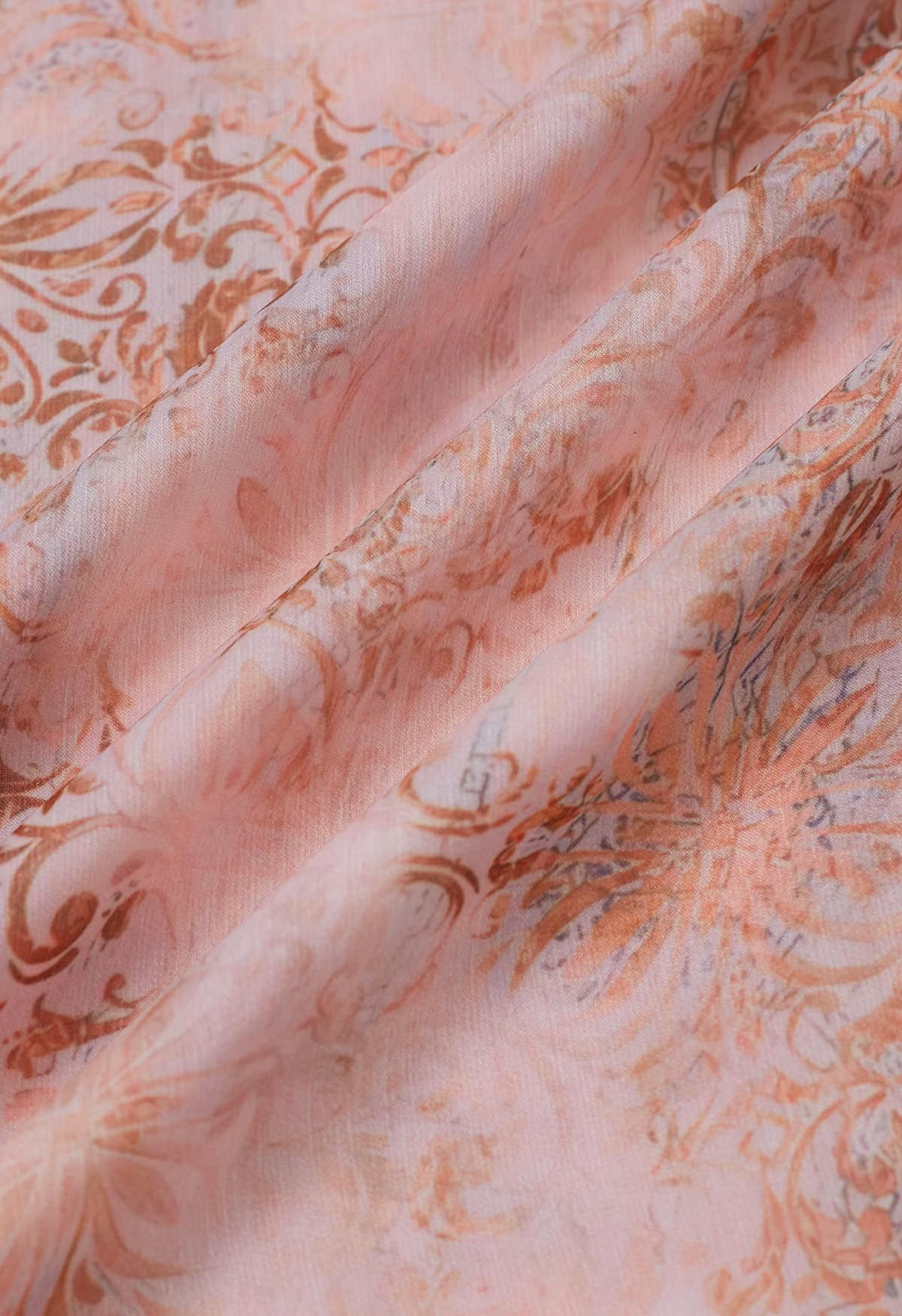 Vintage Baroque Off-Shoulder Chiffon Maxi Dress in Peach