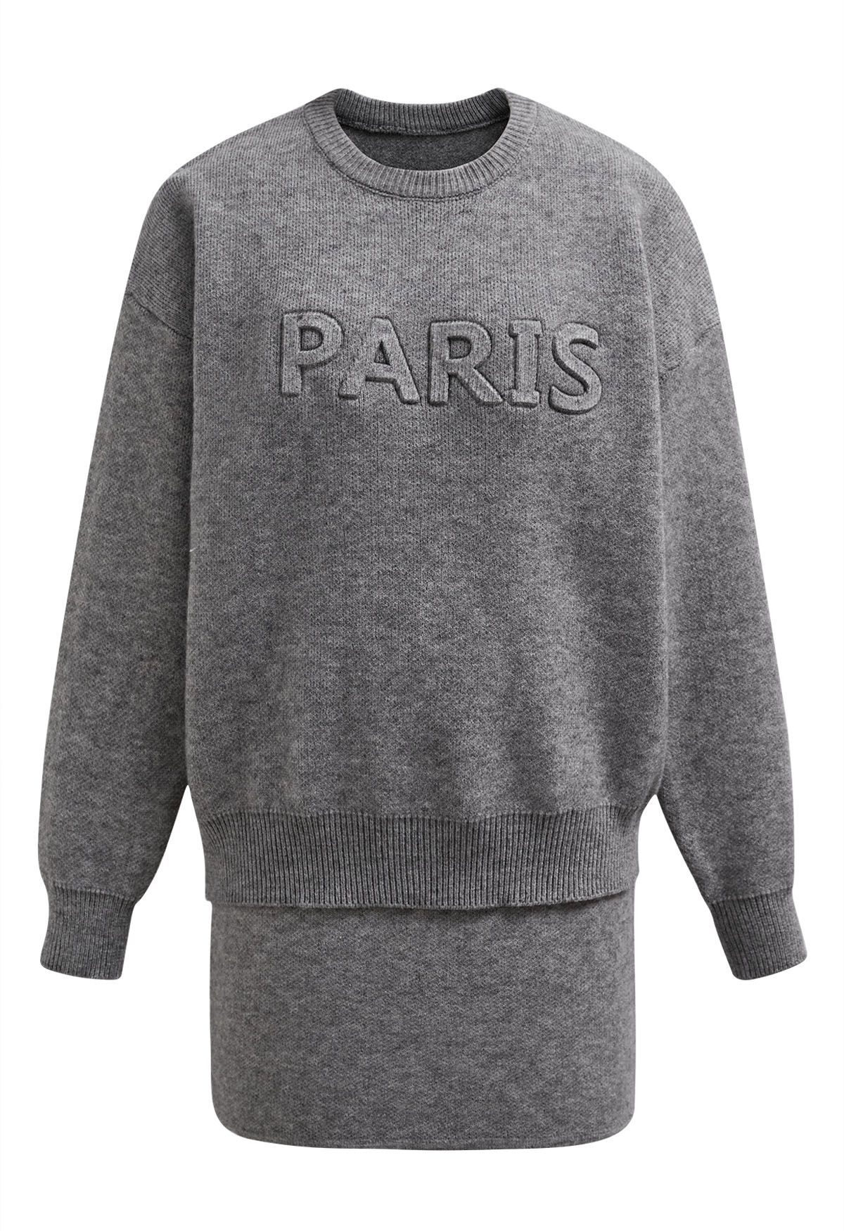 Conjunto de jersey y falda de punto con letras de París en gris