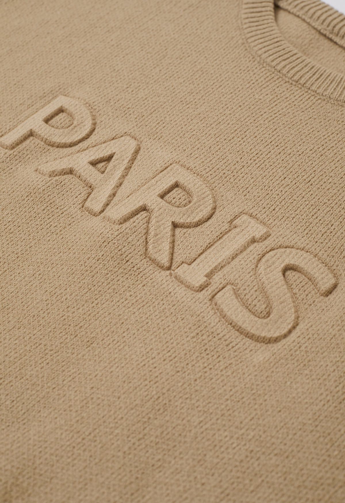 Conjunto de falda y suéter de punto con letras de París en color camel