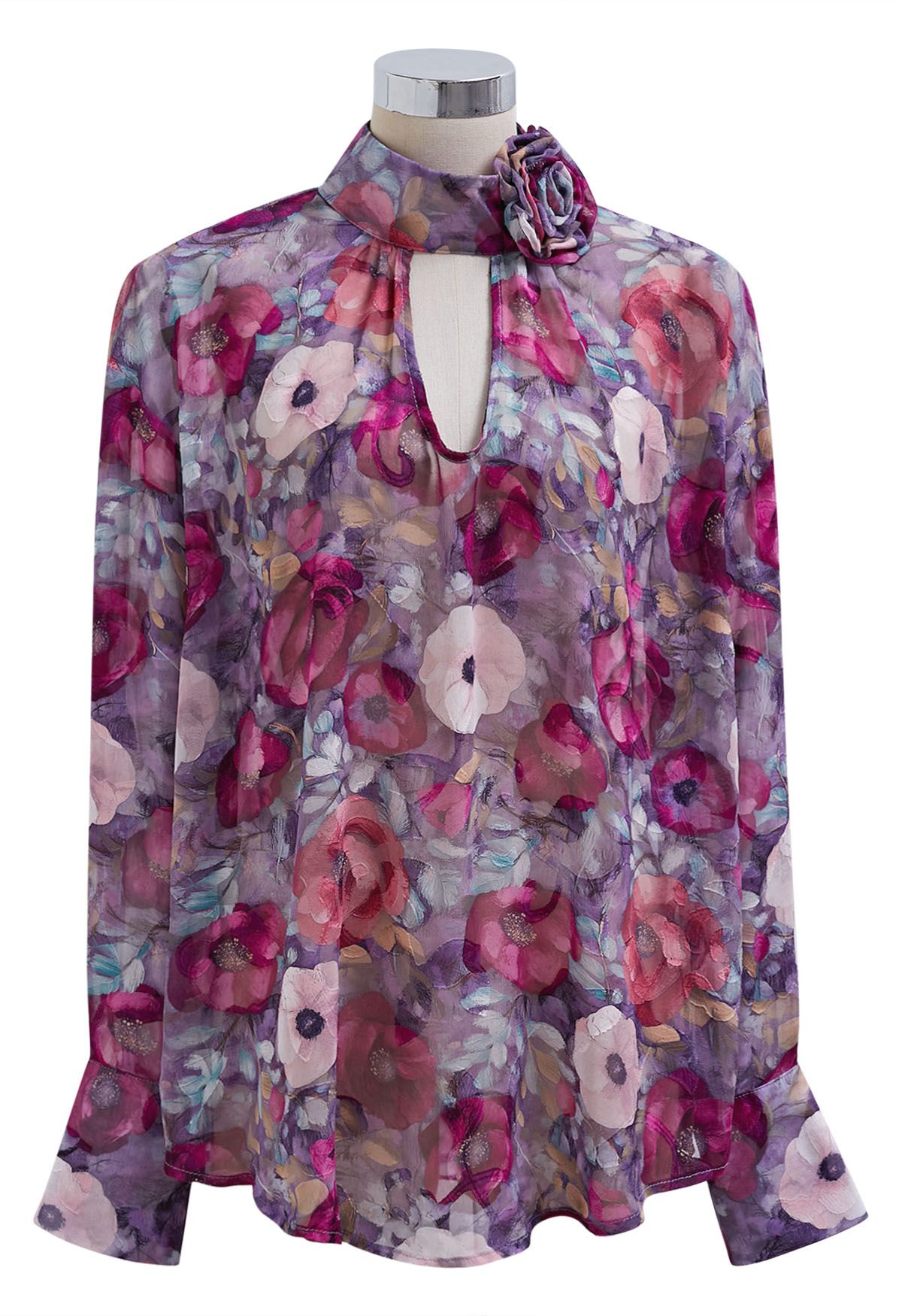 Blusa de gasa asimétrica con mangas abullonadas y estampado floral en jacquard