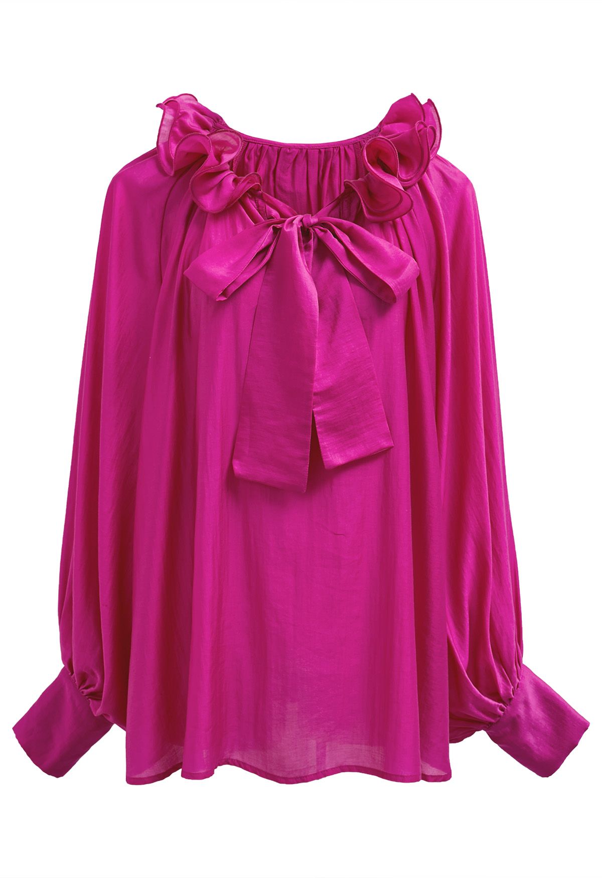 Blusa Dolly con escote con volantes escalonados, mangas farol y lazo en color magenta