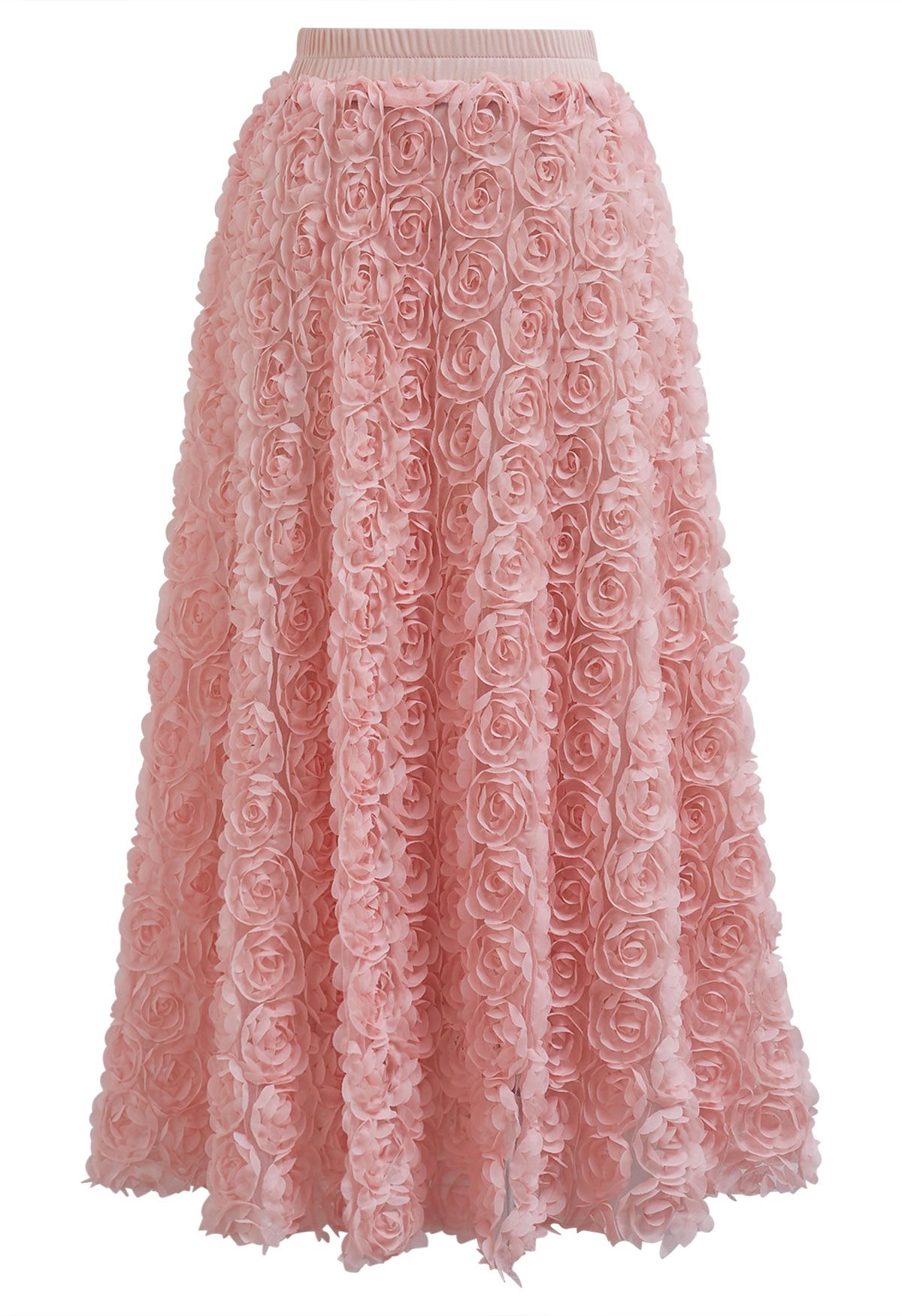 3D Rose Petal Mesh Midi Skirt in Pink