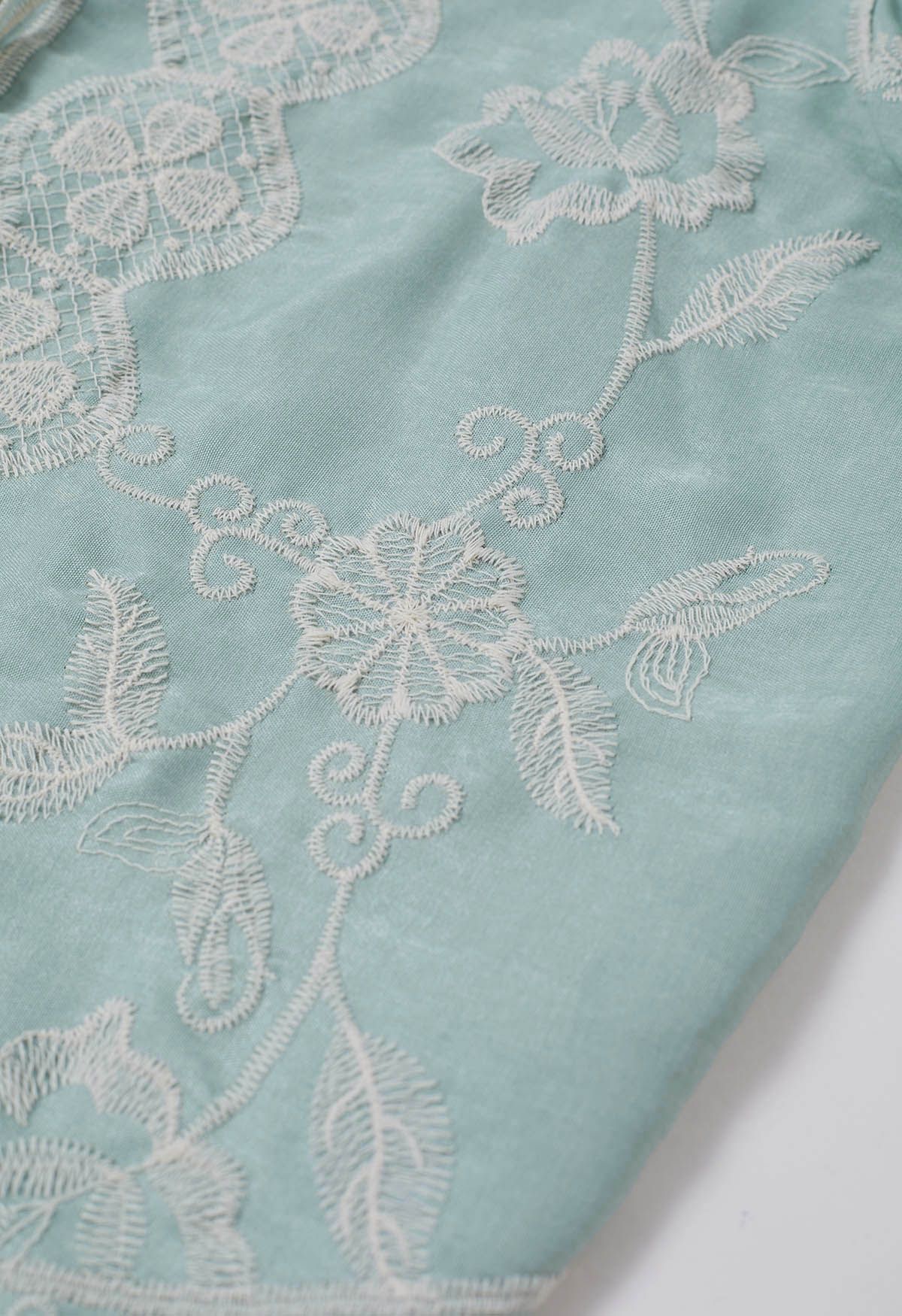 Lace Up Floral Embroidery Cotton Top in Mint