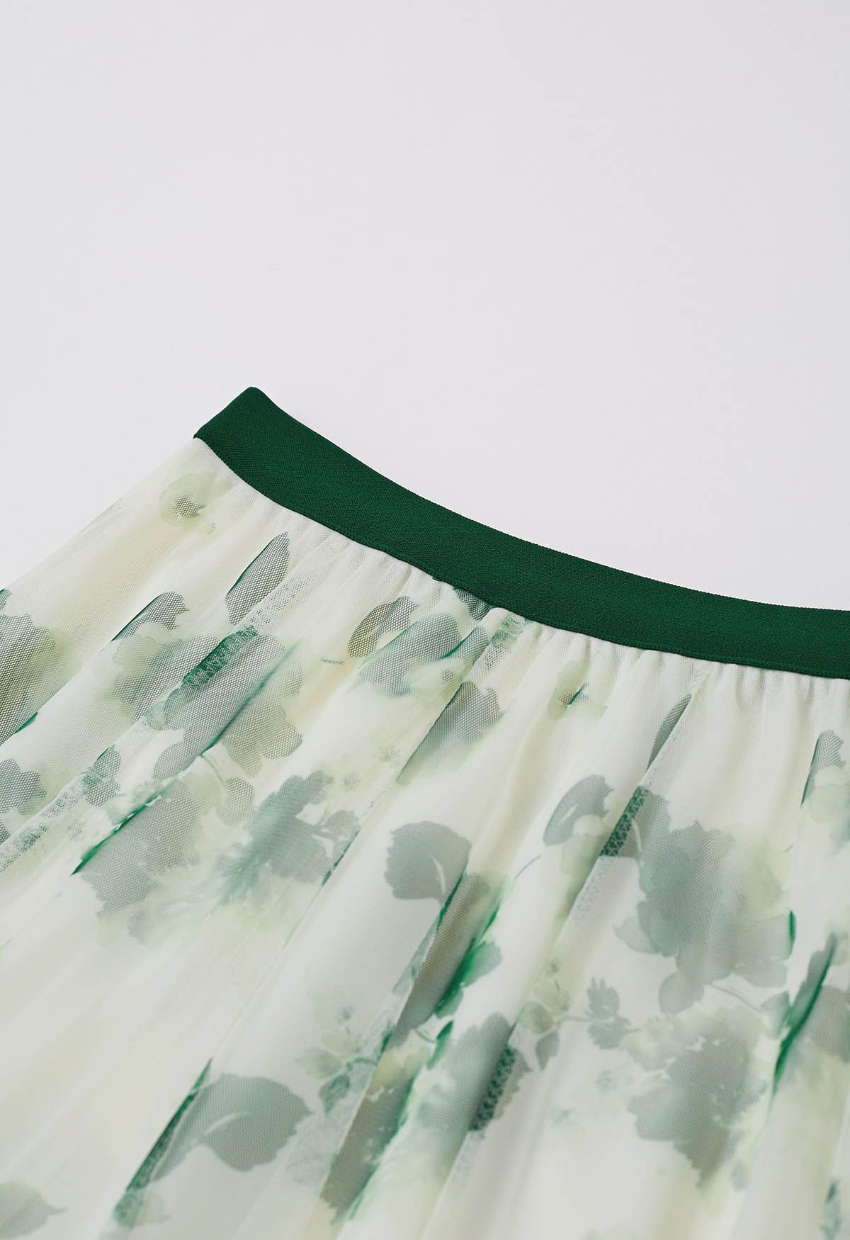 Watercolor Floral Printed Mesh Tulle Midi Skirt in Green