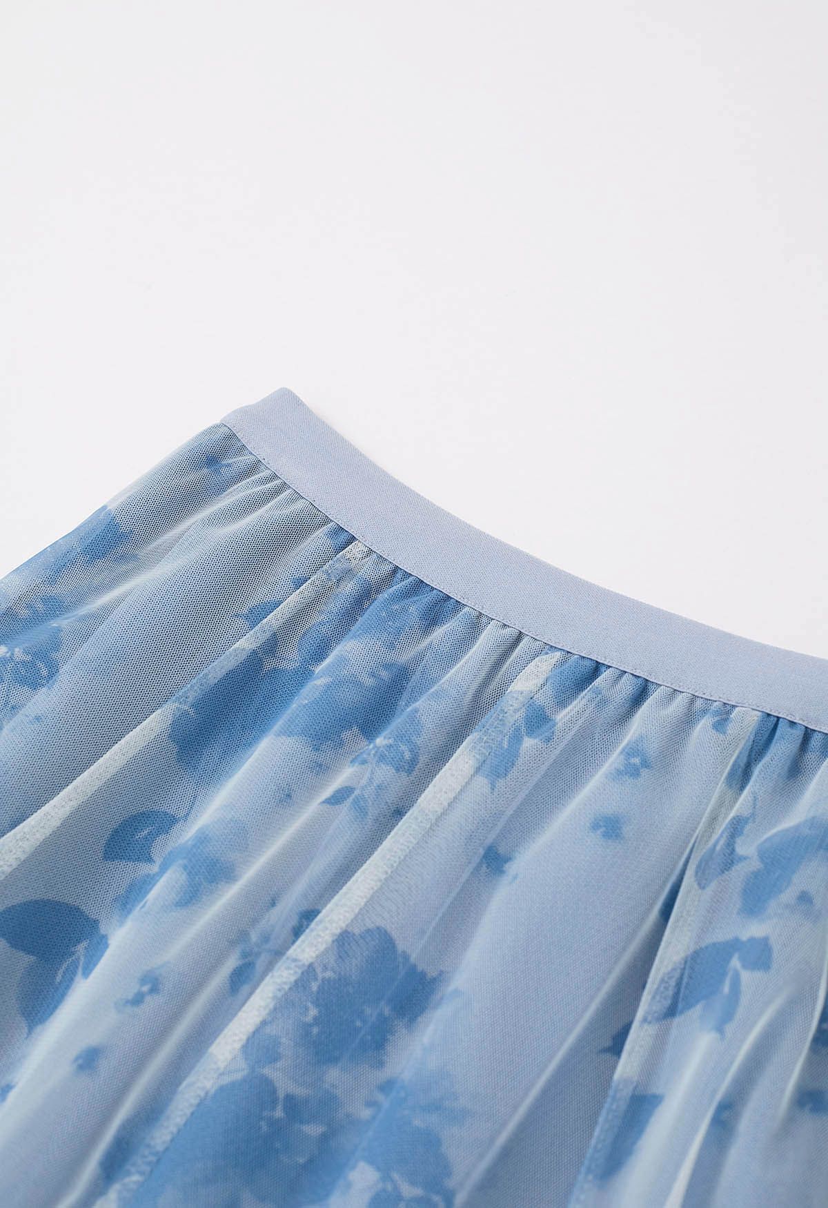 Watercolor Floral Printed Mesh Tulle Midi Skirt in Blue