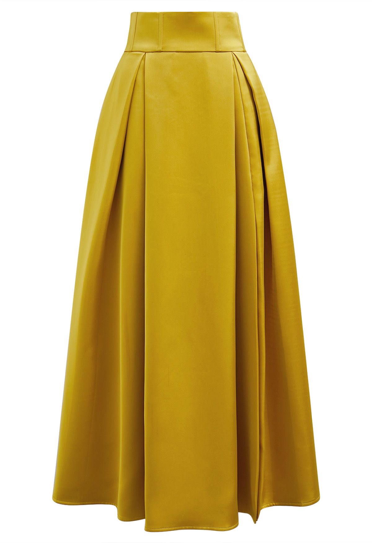 High-Slit Seamed Waist Pleated Satin Maxi Skirt in Yellow