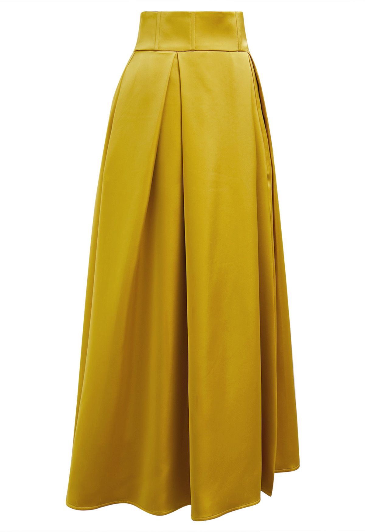 High-Slit Seamed Waist Pleated Satin Maxi Skirt in Yellow