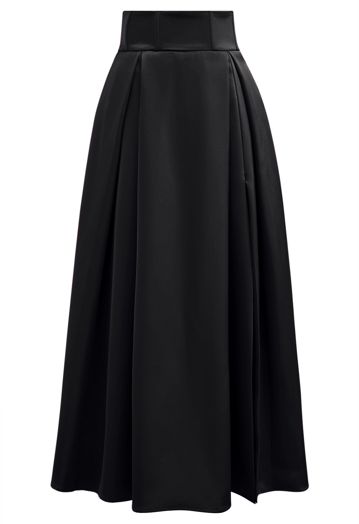 High-Slit Seamed Waist Pleated Satin Maxi Skirt in Black