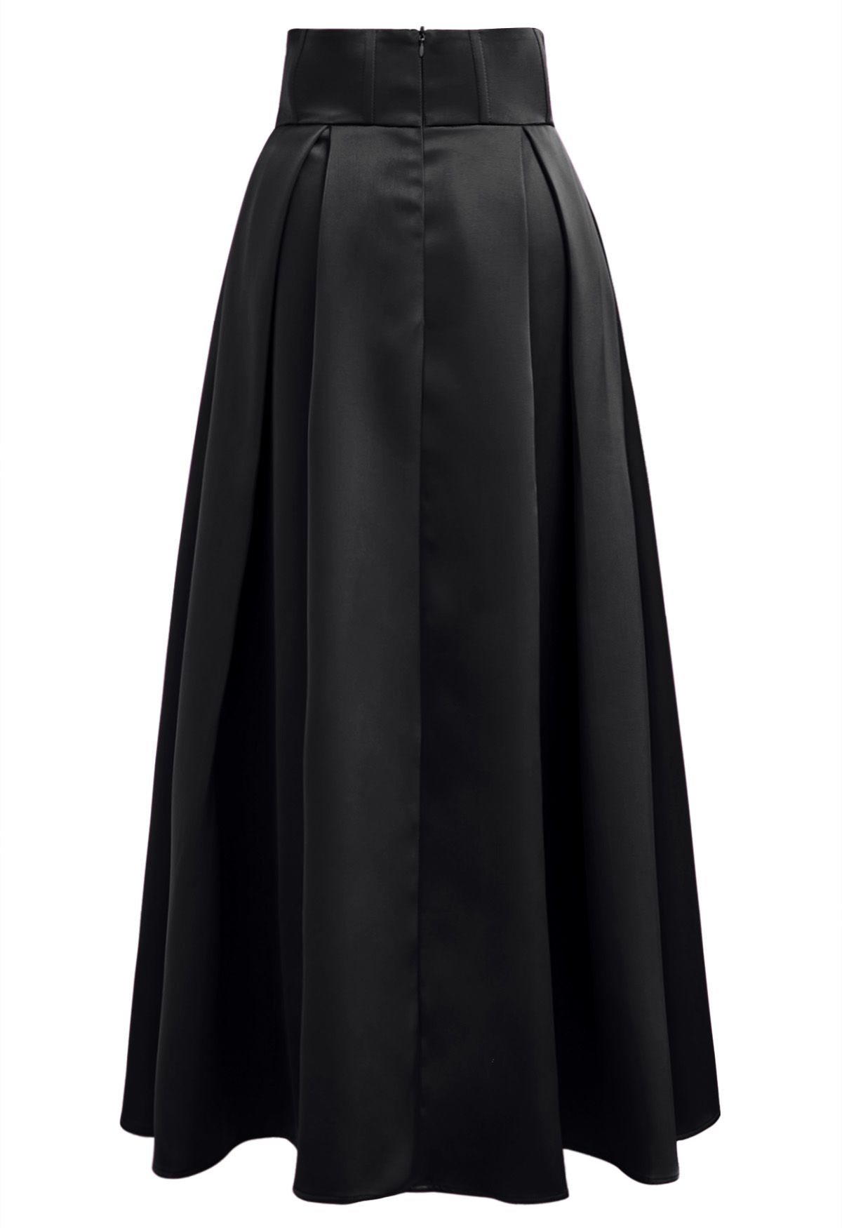 High-Slit Seamed Waist Pleated Satin Maxi Skirt in Black