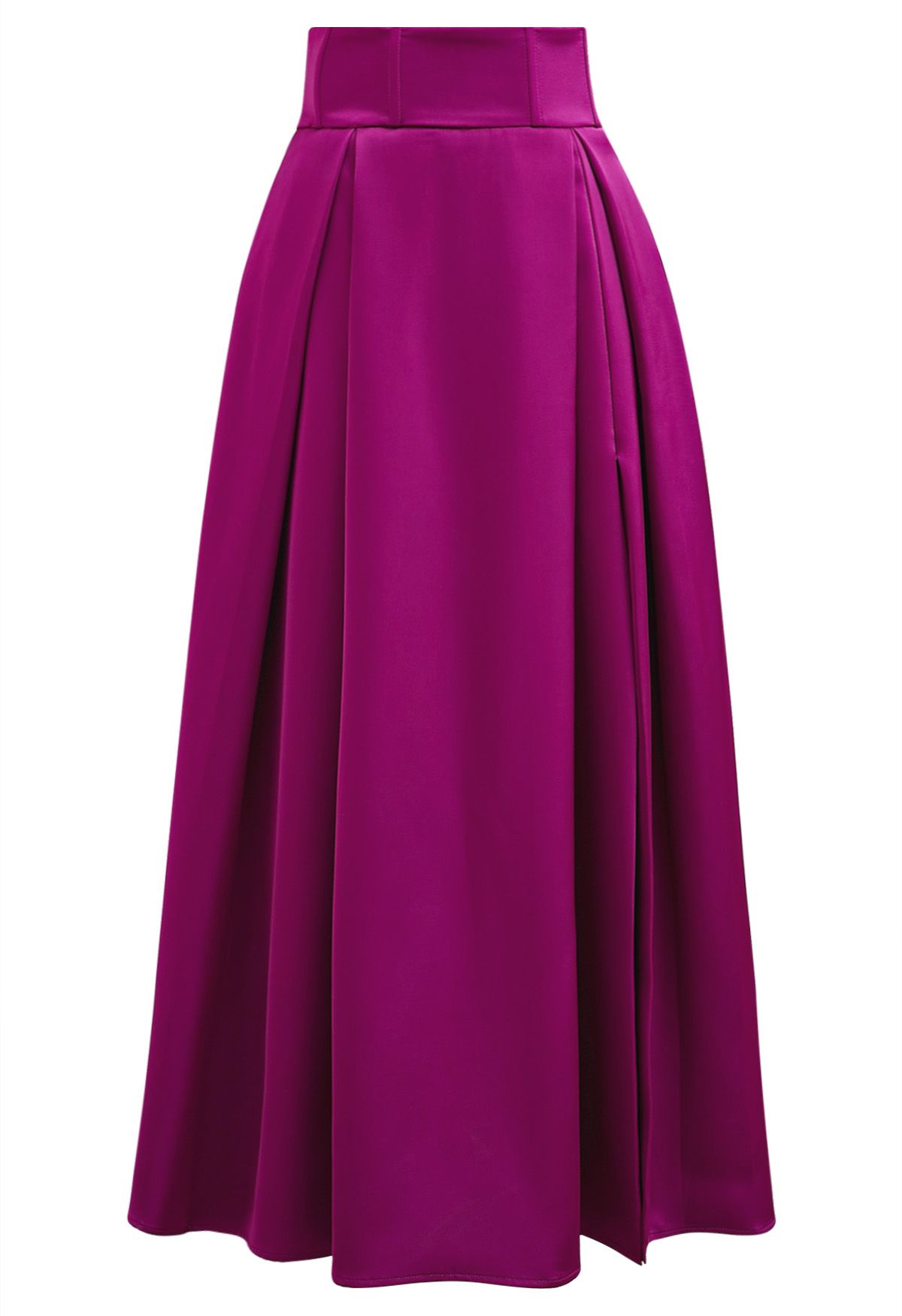 High-Slit Seamed Waist Pleated Satin Maxi Skirt in Magenta