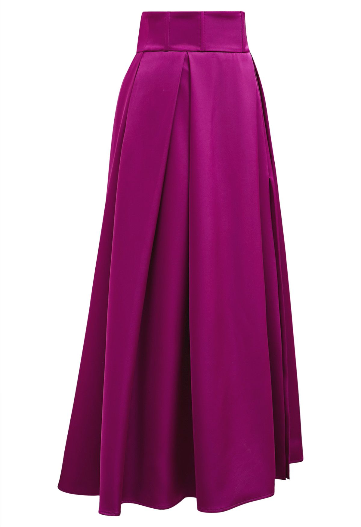 High-Slit Seamed Waist Pleated Satin Maxi Skirt in Magenta