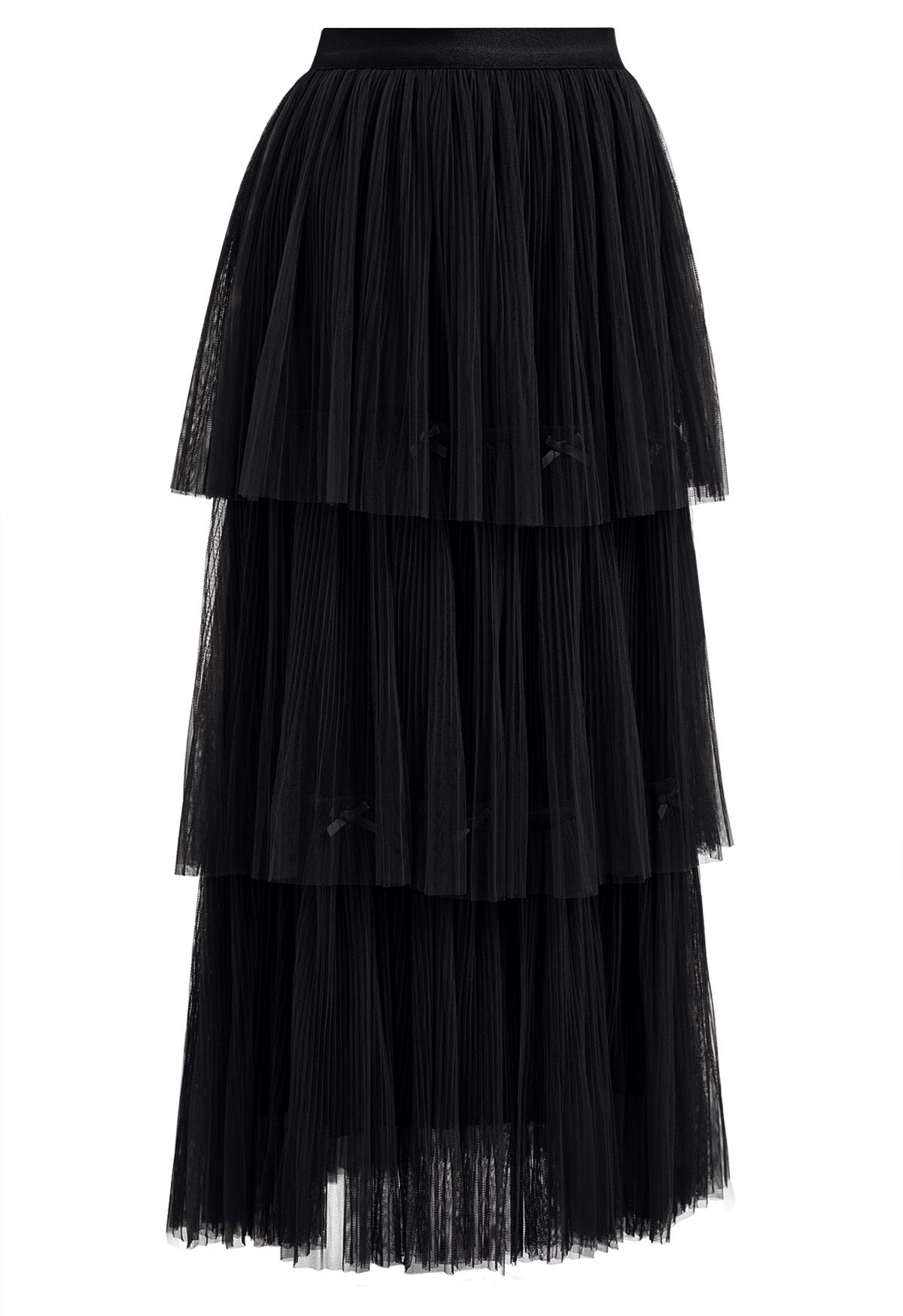 Falda de tul de malla escalonada plisada con adornos de lazo en negro