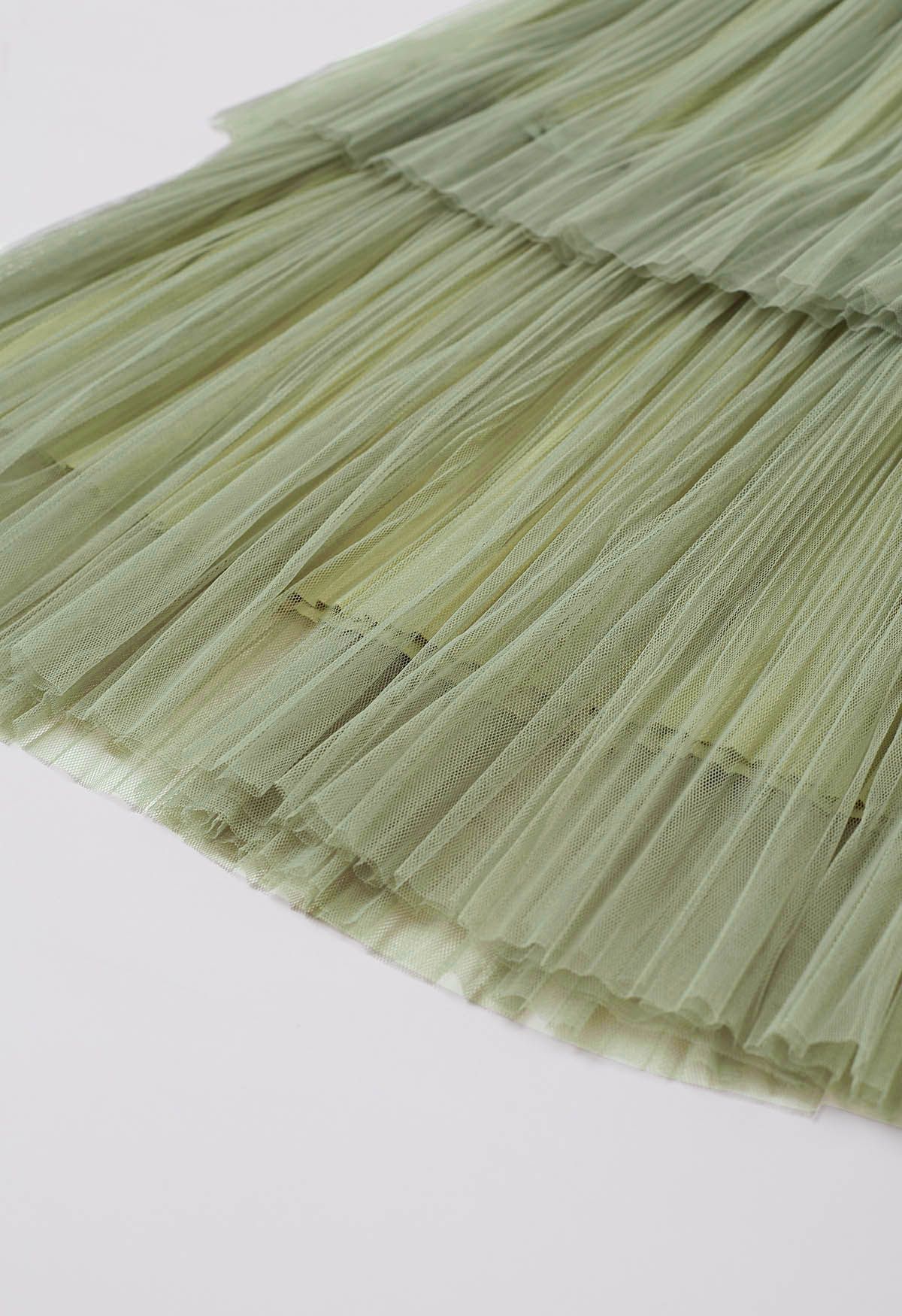 Falda de tul de malla escalonada plisada con adornos de lazo en pistacho