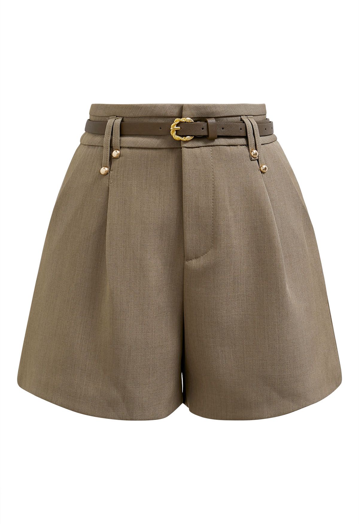 Pantalones cortos con cinturón de color liso en marrón