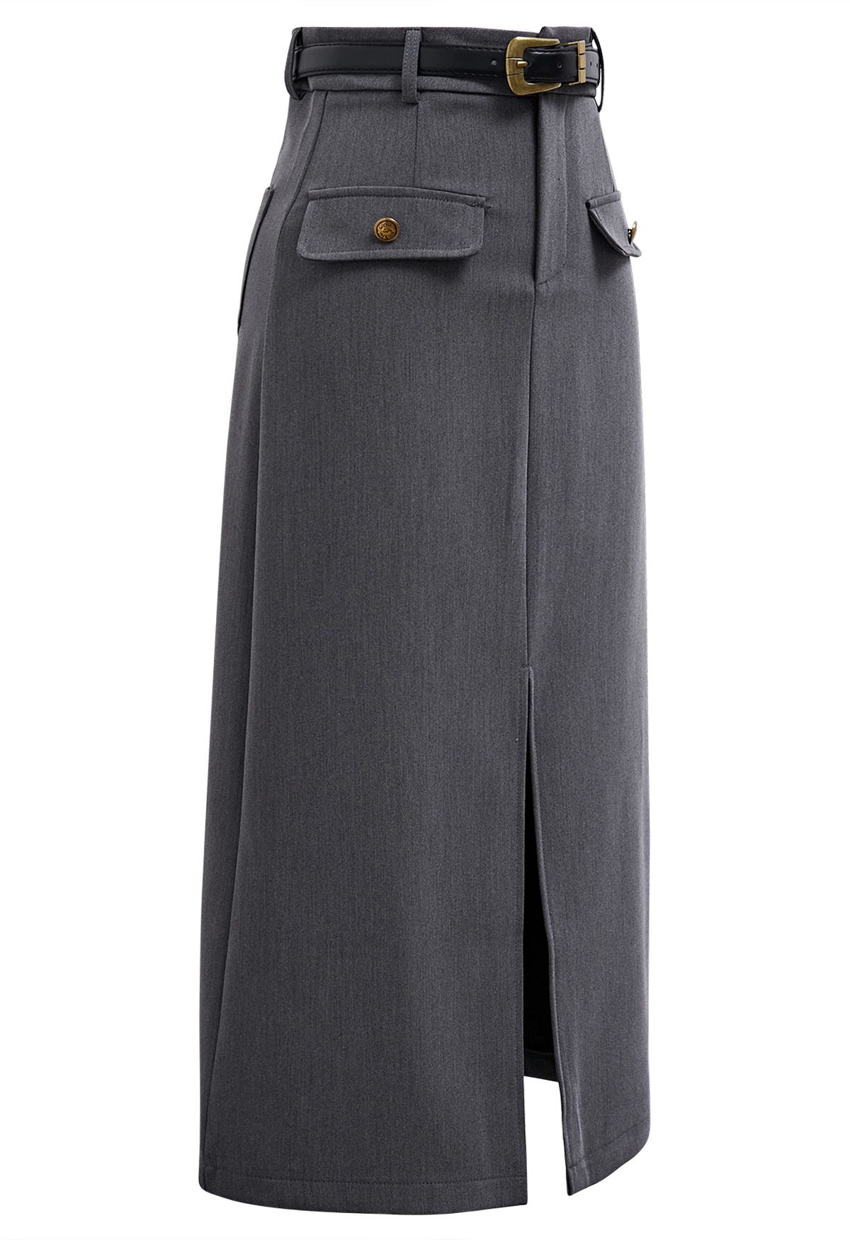 Falda midi con abertura delantera y bolsillos con solapa en color humo