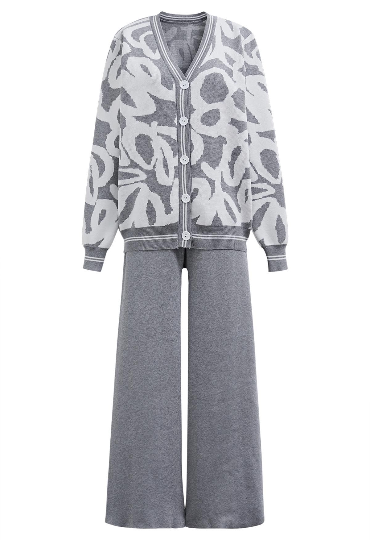 Conjunto de pantalón y cárdigan de punto con botones y estampado abstracto en gris
