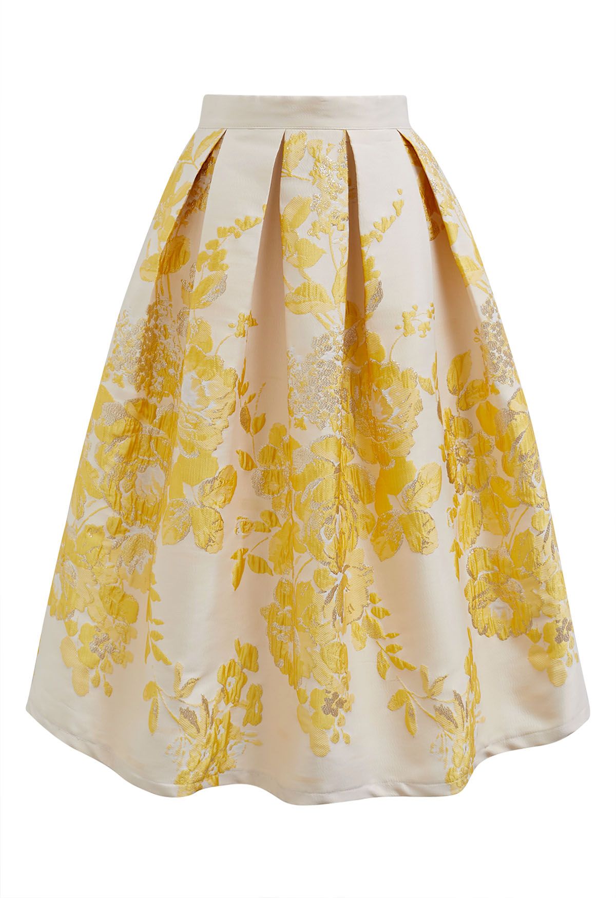 Falda midi plisada de jacquard con peonías de Ebullient en amarillo