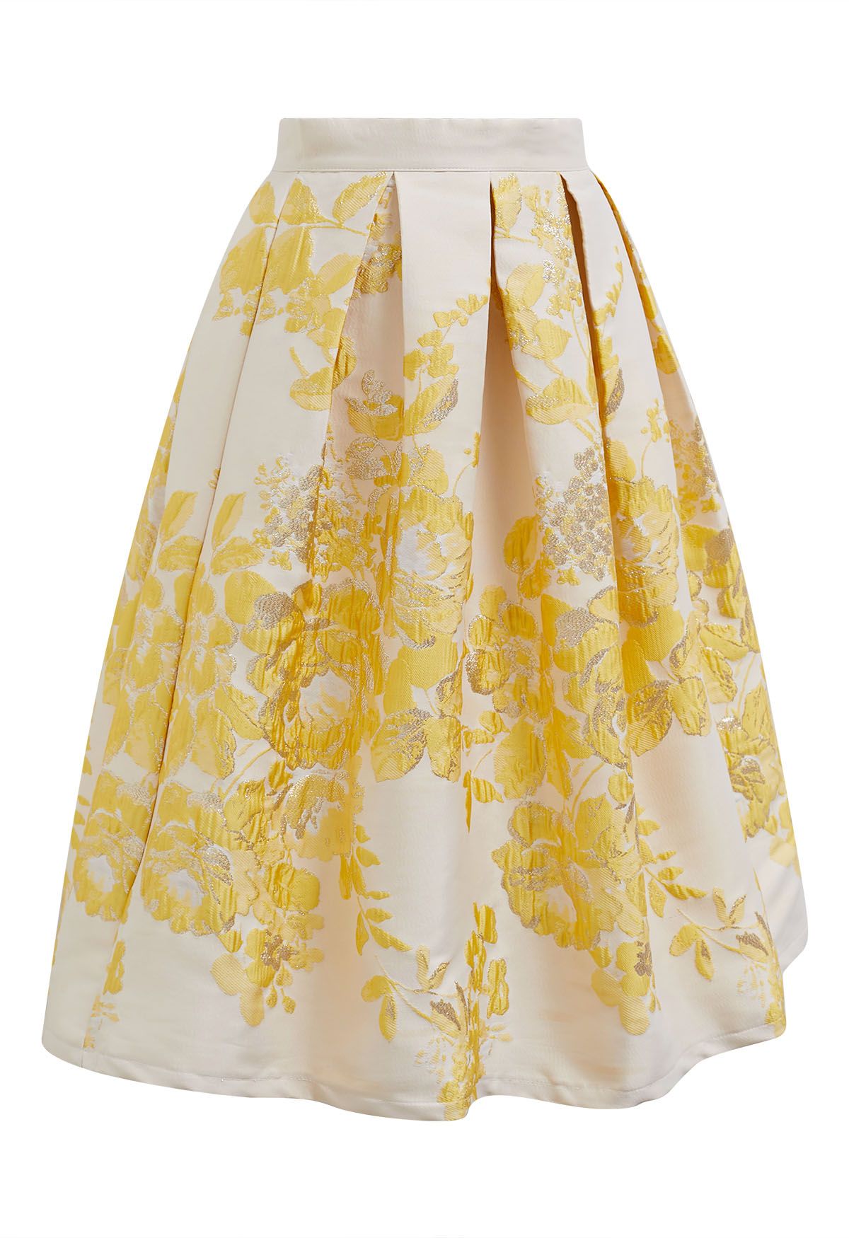 Falda midi plisada de jacquard con peonías de Ebullient en amarillo