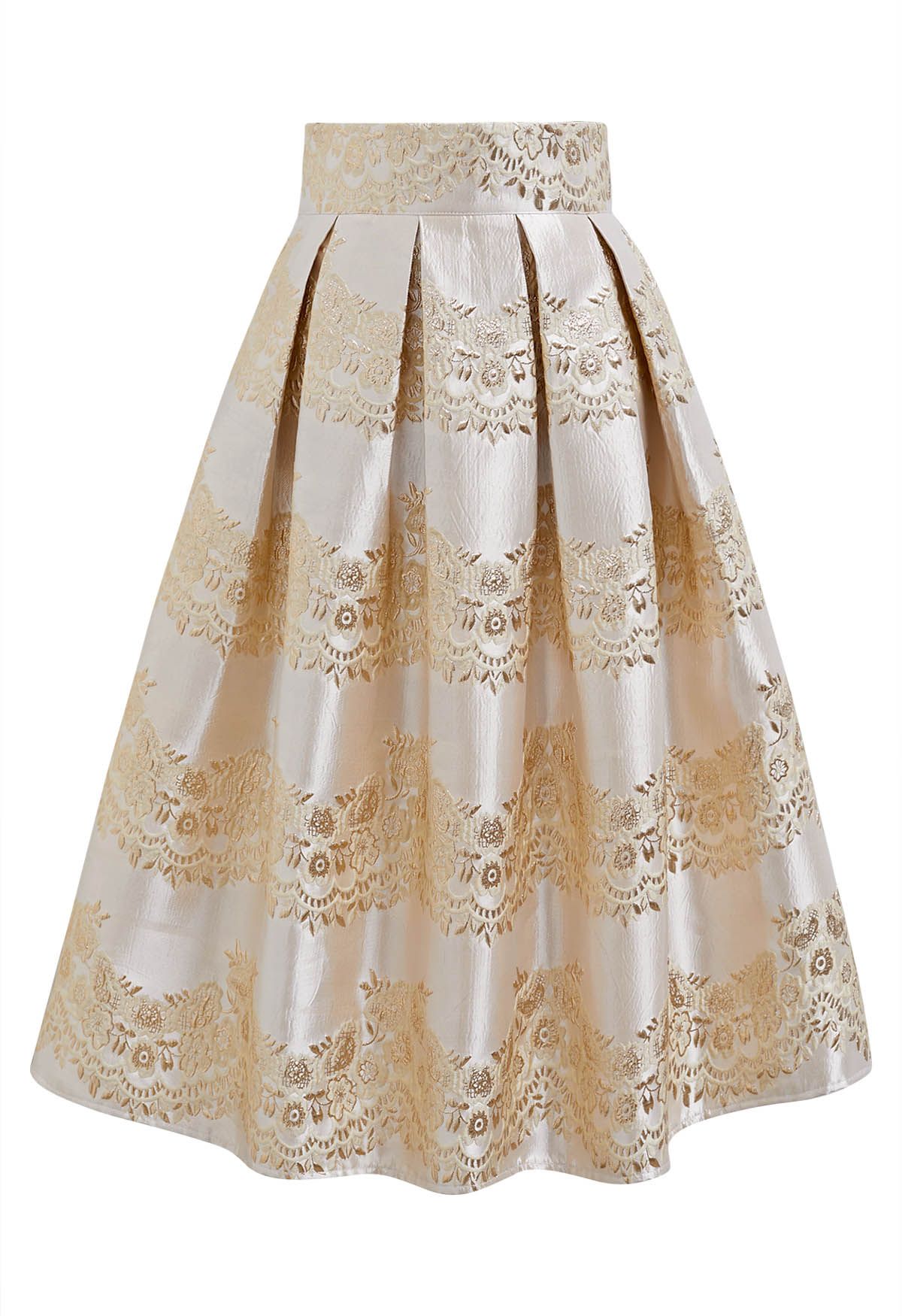 Magnífica falda midi plisada de jacquard floral en champán