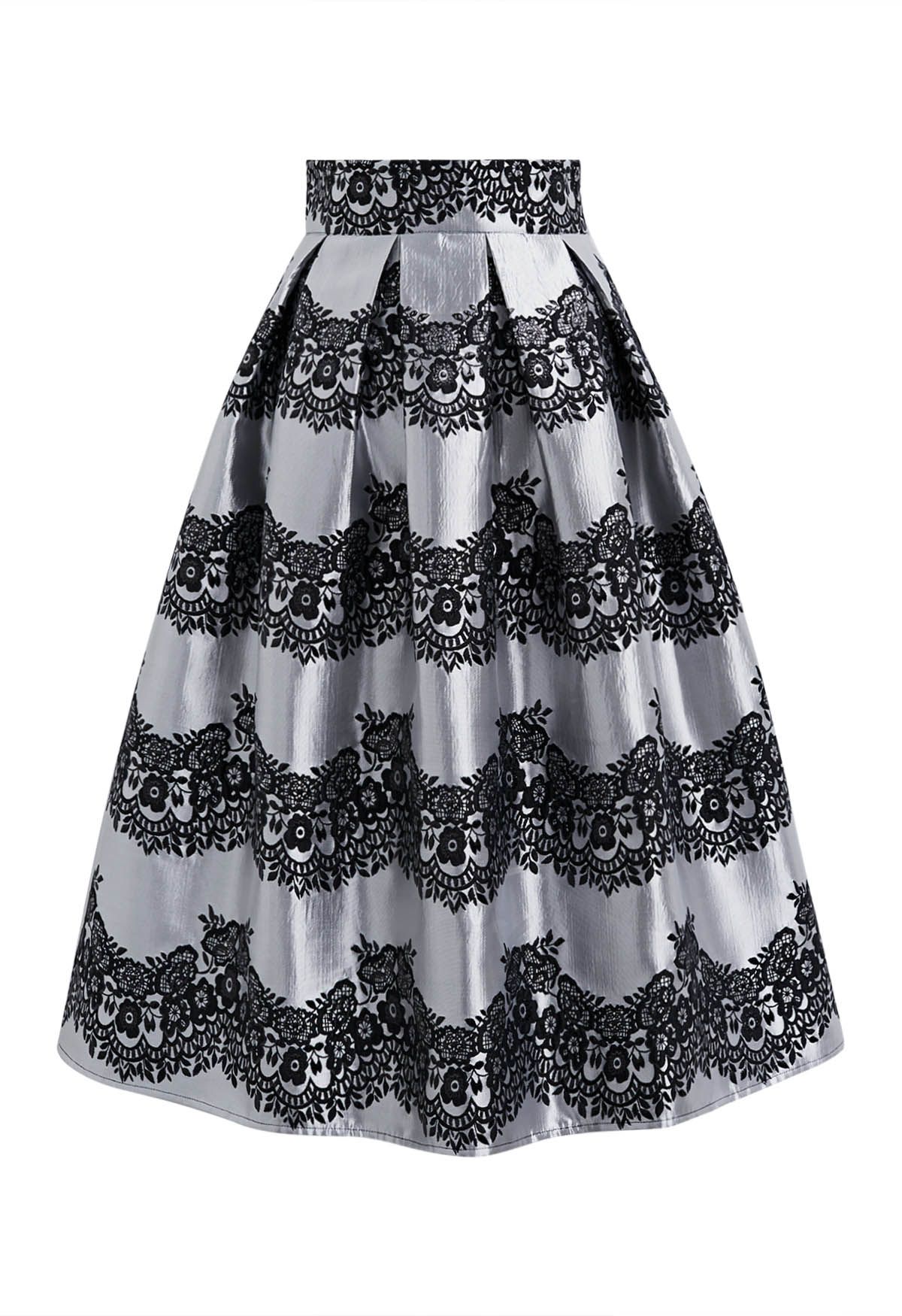 Magnífica falda midi plisada de jacquard floral en negro